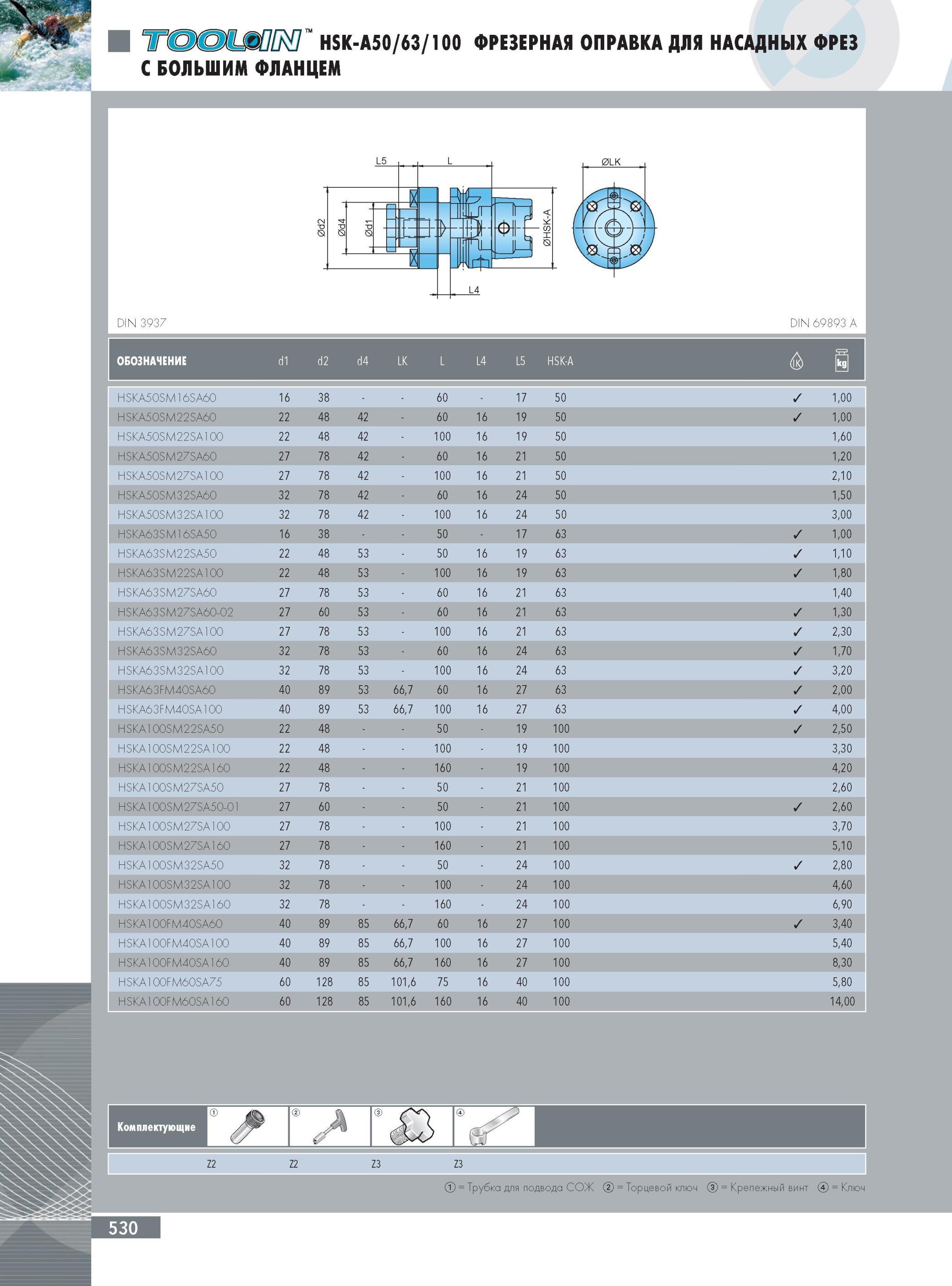 534 ФРЕЗЕРНАЯ оправка Ingersoll HSK-A50/63/100 для насадных фрез С БОЛЬШИМ ФЛАНЦЕМ DIN 3937 Комплектующие DIN 69893 A Обозначение d1 2 d 4 d LK L L4 L5 HSK-A jkgj h Каталог INGERSOLL 2014 Фрезерный инструмент Инструментальная оснастка Сверла Стр. 530