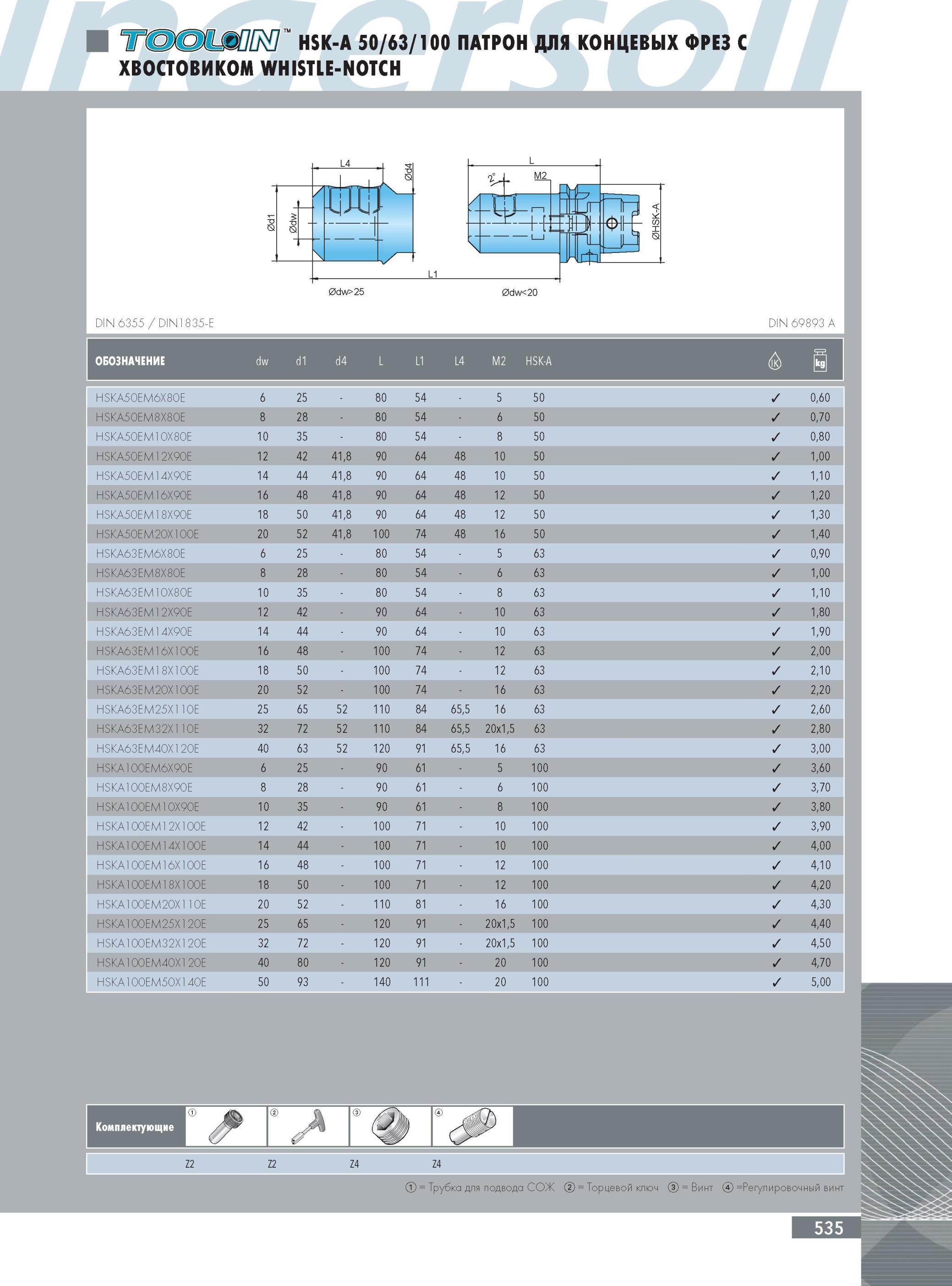 539 HSK-A 50/63/100 ПАТРОН INGERSOLL для концевых фрез с ХВОСТОВИКОМ WHISTLE-NOTCH Инструментальная оснастка Ingersoll DIN 6355 DIN1835-E 0dw>25 0dw<2O DIN 69893 A Каталог INGERSOLL 2014 Фрезерный инструмент Инструментальная оснастка Сверла Стр. 535