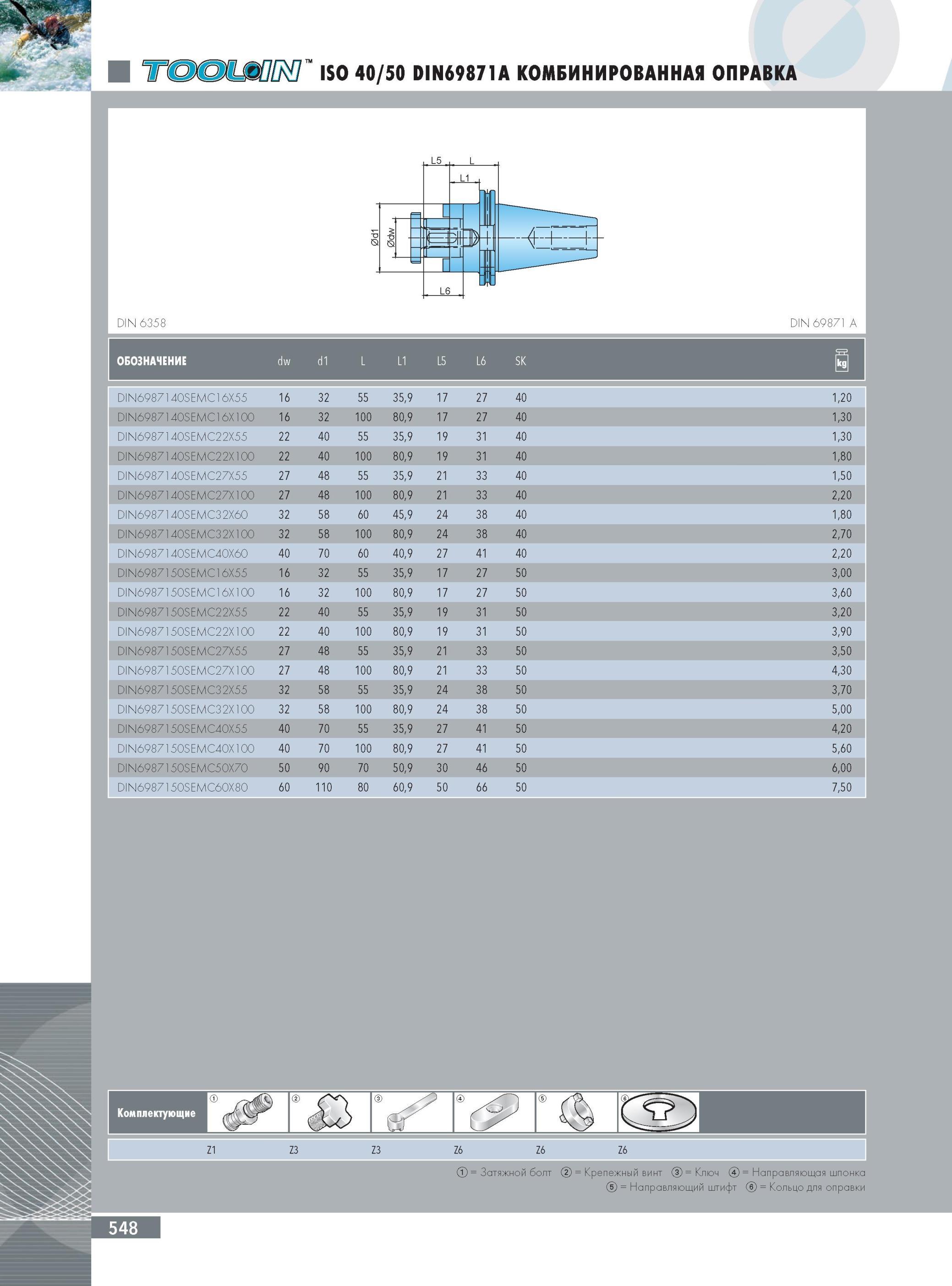 552 КОМБИНИРОВАННАЯ ОПРАВКА INGERSOLL DIN 6358 ISO 40/50 DIN69871A Обозначение dw d1 L L1 L5 L6 SK D N6987140SEMC16X55 16 32 55 35,9 17 27 40 1,20 D N6987140SEMC16X Каталог INGERSOLL 2014 Фрезерный инструмент Инструментальная оснастка Сверла Стр. 548