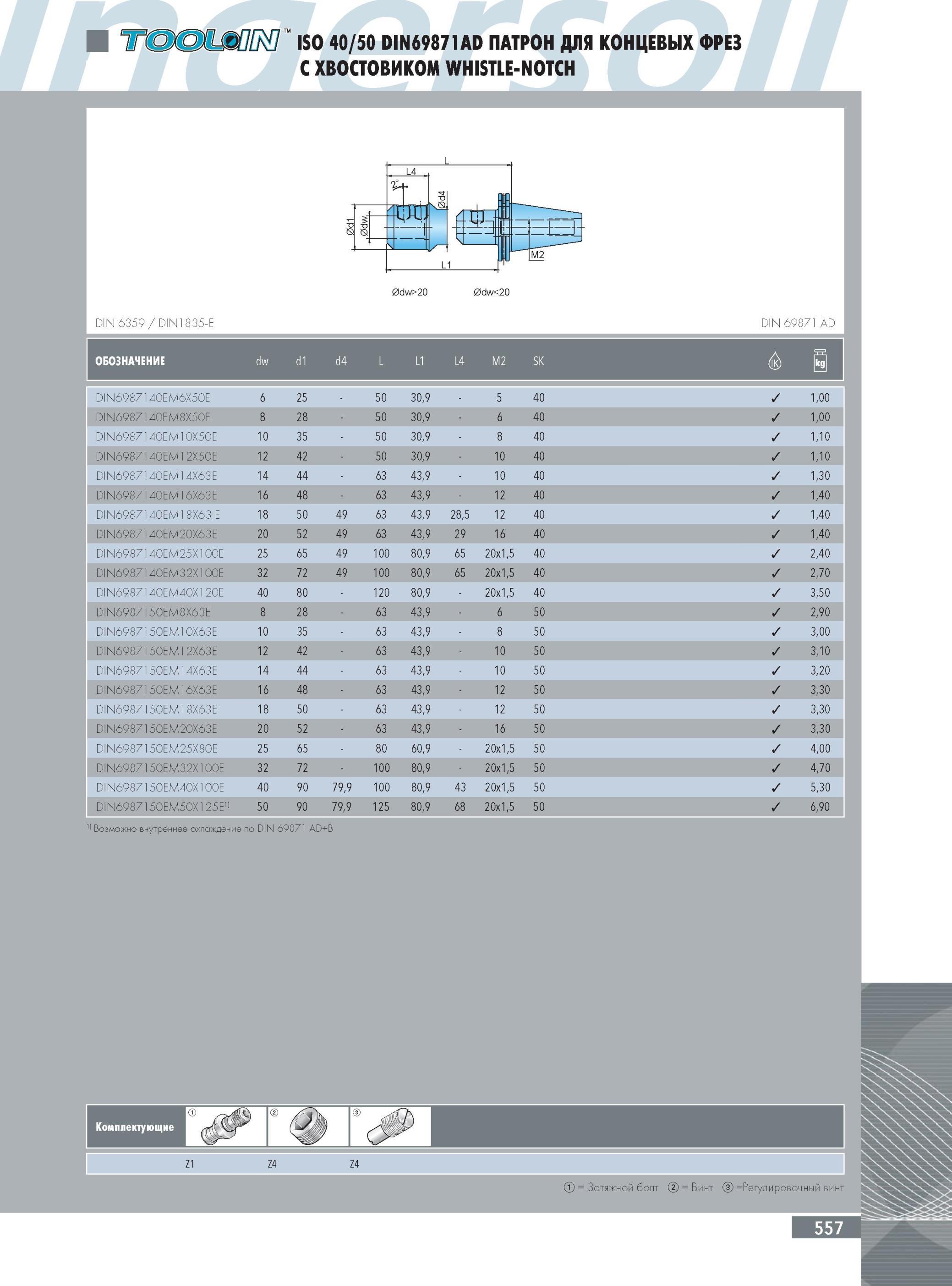 561 ПАТРОН INGERSOLL ДЛЯ КОНЦЕВЫХ ФРЕЗ С ХВОСТОВИКОМ WHISTLE-NOTCH ISO 40/50 DIN69871AD DIN 6359 DIN1835-E DIN 69871 AD Инструментальная оснастка Ingersoll Обозначе Каталог INGERSOLL 2014 Фрезерный инструмент Инструментальная оснастка Сверла Стр. 557