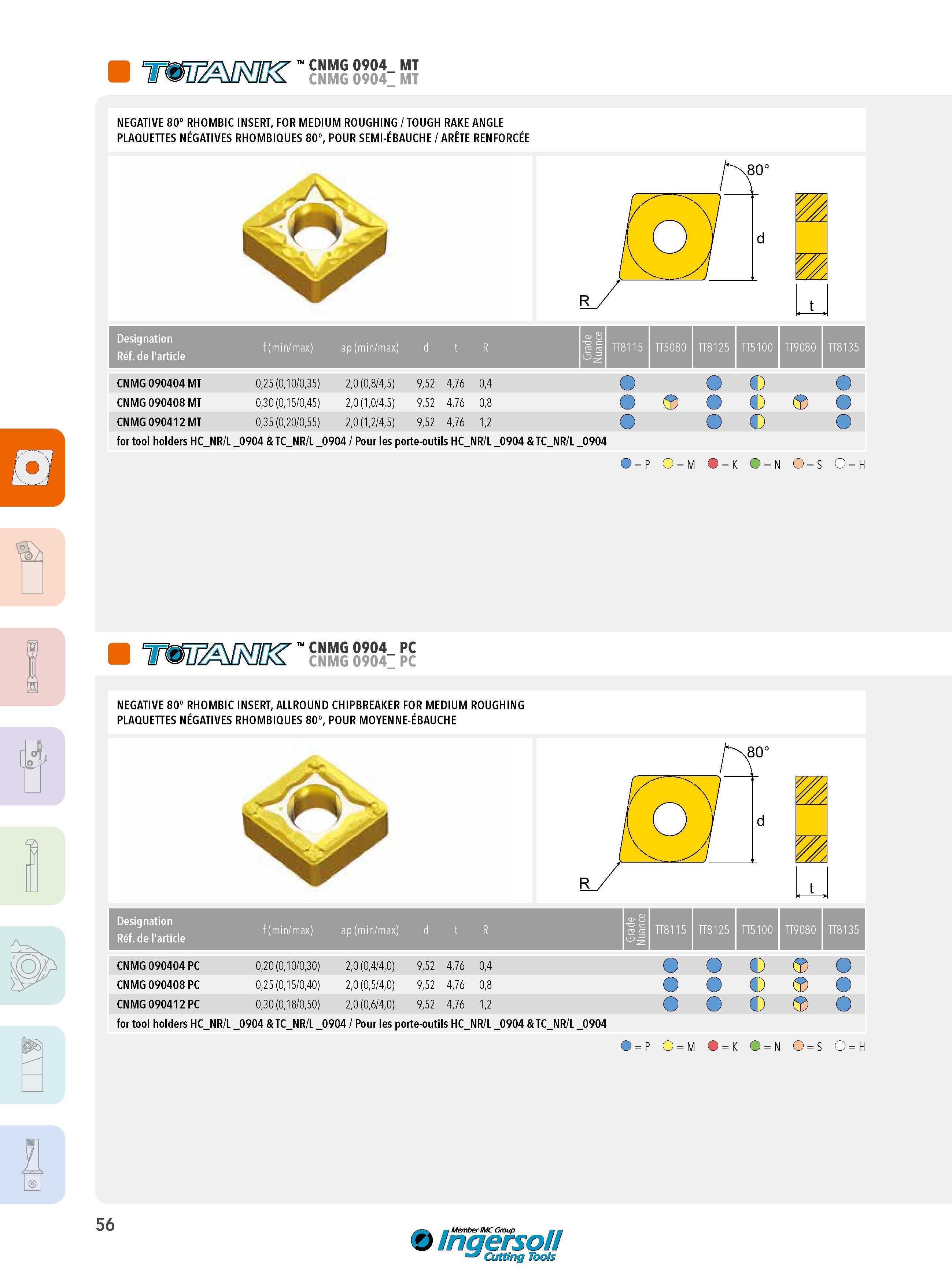 56 CNMG 0904_ MT CNMG 0904 MT NEGATIVE 80° RHOMBIC INSERT, FOR MEDIUM ROUGHING / TOUGH RAKE ANGLE PLAQUETTES NÉGATIVES RHOMBIQUES 80°, POUR SEMI-ÉBAUCHE / Каталог INGERSOLL 2015 Металлорежущий токарный инструмент Резцы Державки Сменные режущие многогранные пластины для точения на станках Стр. 56 ENG FRA