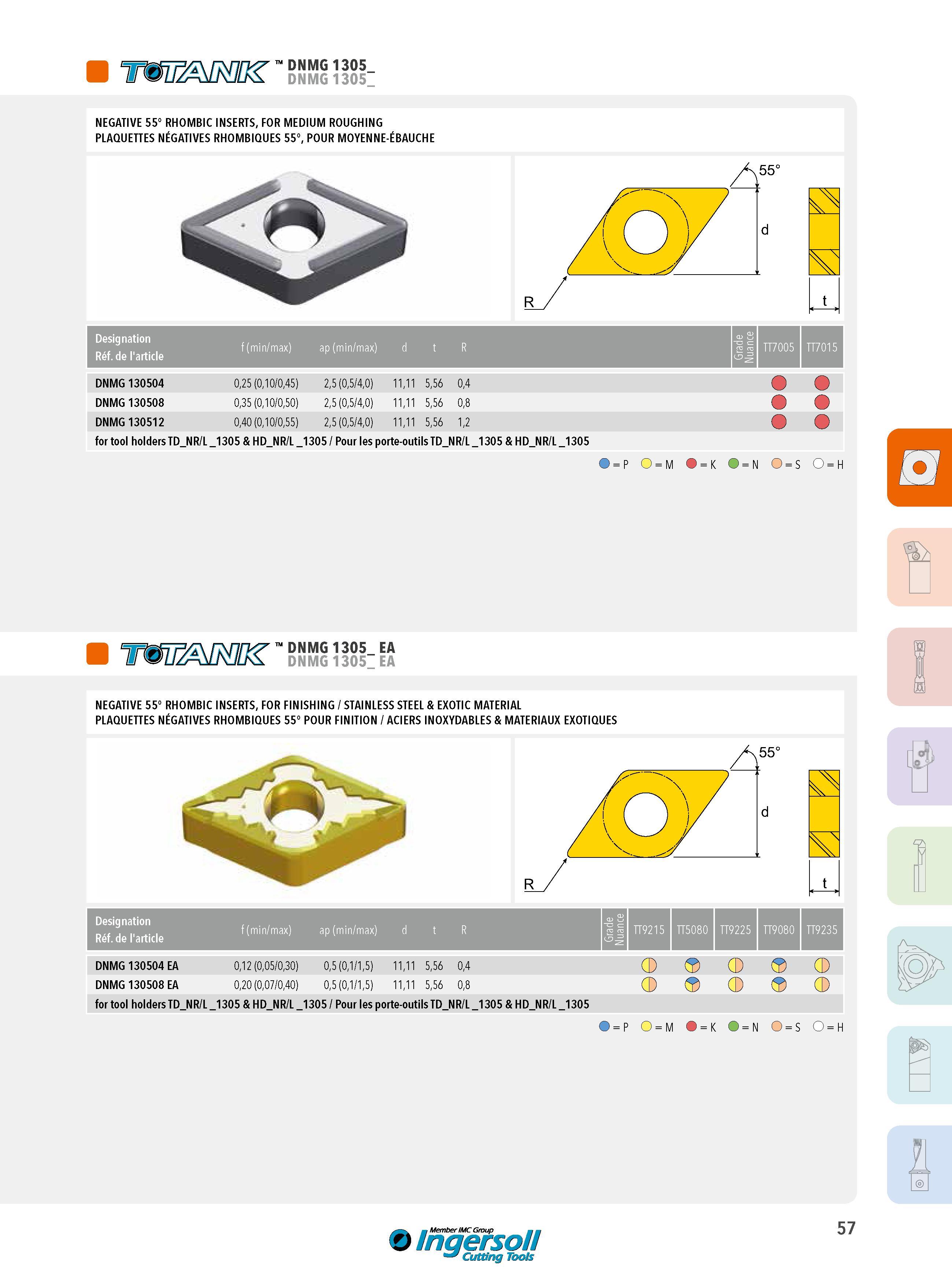 57 Twrnitm' DNMG 1185- NEGATIVE 55° RHOMBIC INSERTS, FOR MEDIUM ROUGHING PLAQUETTES NÉGATIVES RHOMBIQUES 55°, POUR MOYENNE-ÉBAUCHE for tool holders TD_NR/L Каталог INGERSOLL 2015 Металлорежущий токарный инструмент Резцы Державки Сменные режущие многогранные пластины для точения на станках Стр. 57 ENG FRA