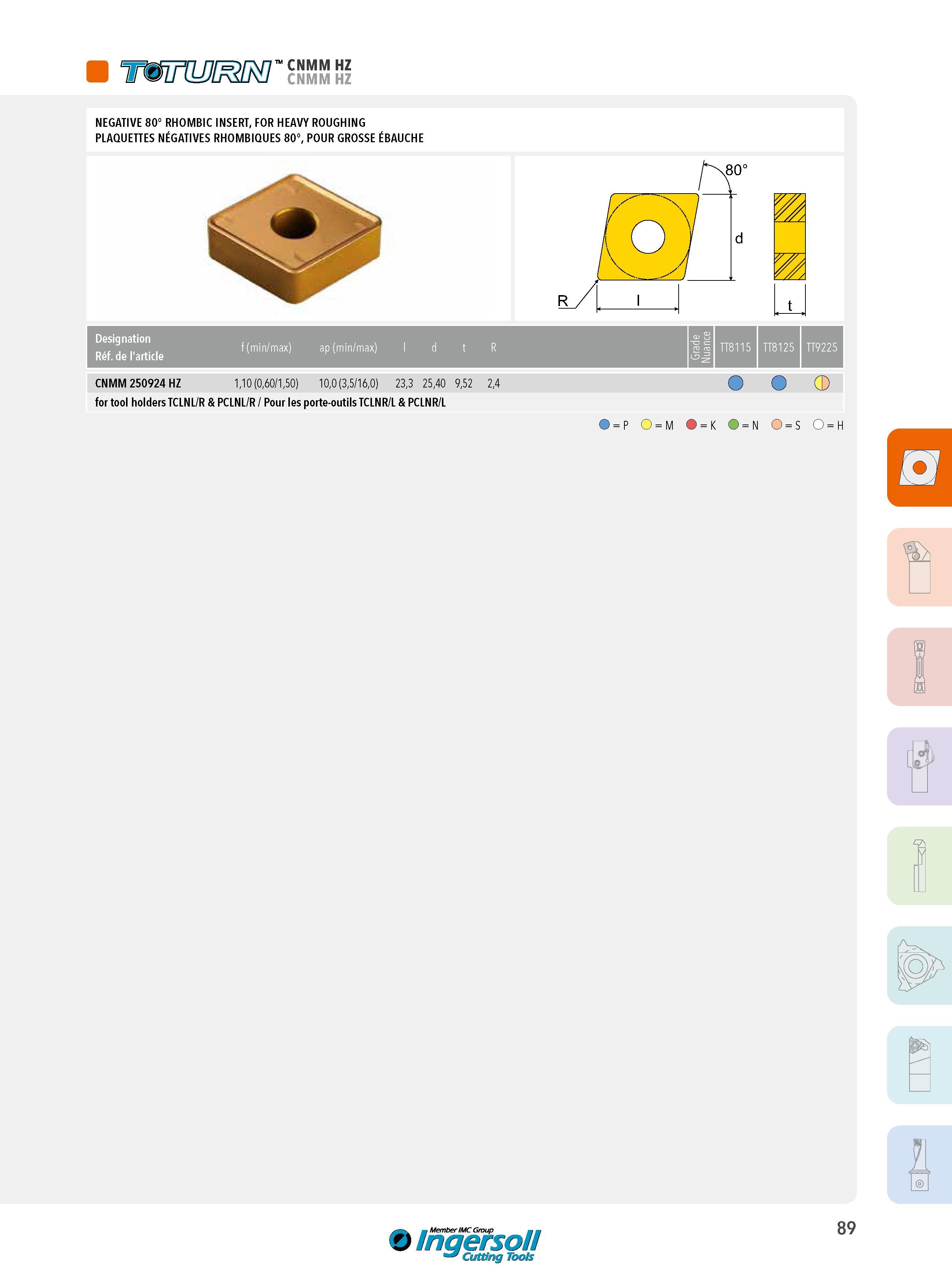 89 immmN '' cnmm hz NEGATIVE 80° RHOMBIC INSERT, FOR HEAVY ROUGHING PLAQUETTES NÉGATIVES RHOMBIQUES 80°, POUR GROSSE ÉBAUCHE Designation Réf de l'article f Каталог INGERSOLL 2015 Металлорежущий токарный инструмент Резцы Державки Сменные режущие многогранные пластины для точения на станках Стр. 89 ENG FRA