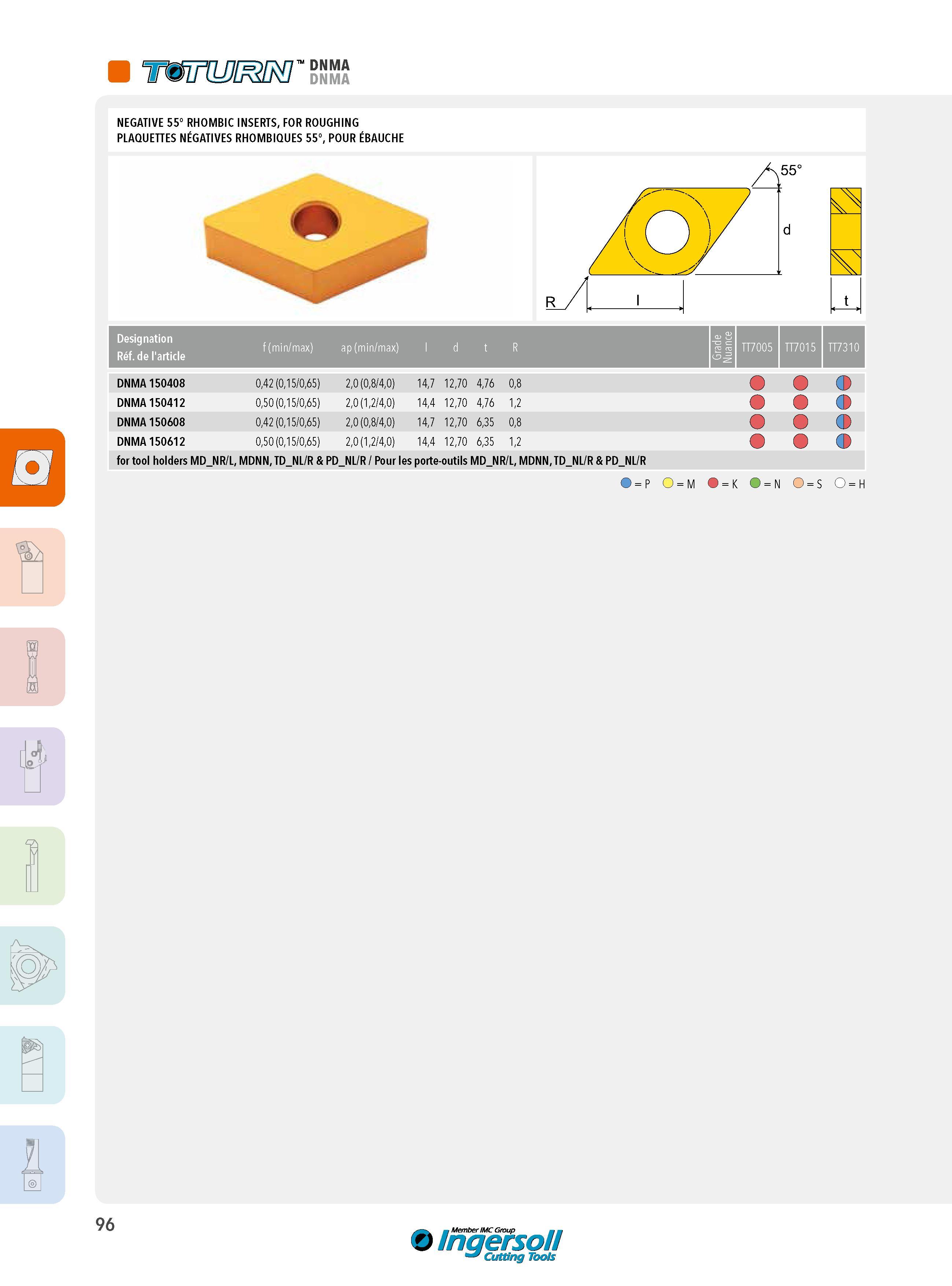 96 DNMA DNMA NEGATIVE 55° RHOMBIC INSERTS, FOR ROUGHING PLAQUETTES NÉGATIVES RHOMBIQUES 55°, POUR ÉBAUCHE 55° k Designation Réf de l'article f (min/max) ap Каталог INGERSOLL 2015 Металлорежущий токарный инструмент Резцы Державки Сменные режущие многогранные пластины для точения на станках Стр. 96 ENG FRA
