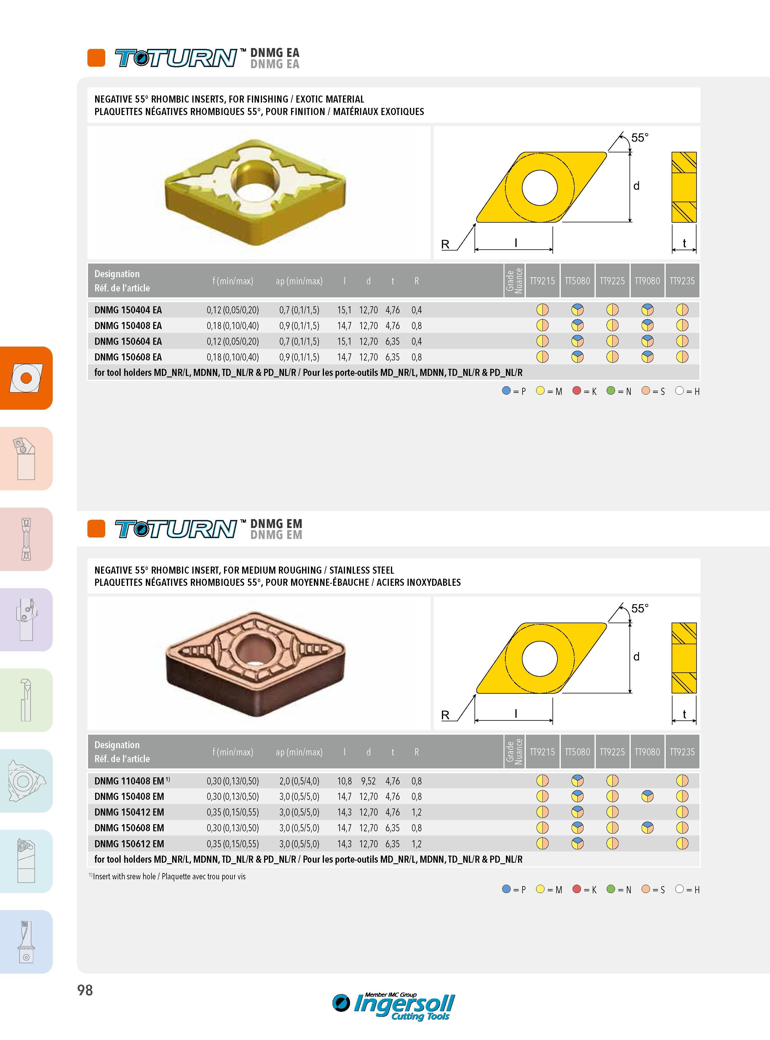 98 DNMG EA DNMG EA NEGATIVE 55° RHOMBIC INSERTS, FOR FINISHING / EXOTIC MATERIAL PLAQUETTES NÉGATIVES RHOMBIQUES 55°, POUR FINITION / MATÉRIAUX EXOTIQUES 5 Каталог INGERSOLL 2015 Металлорежущий токарный инструмент Резцы Державки Сменные режущие многогранные пластины для точения на станках Стр. 98 ENG FRA