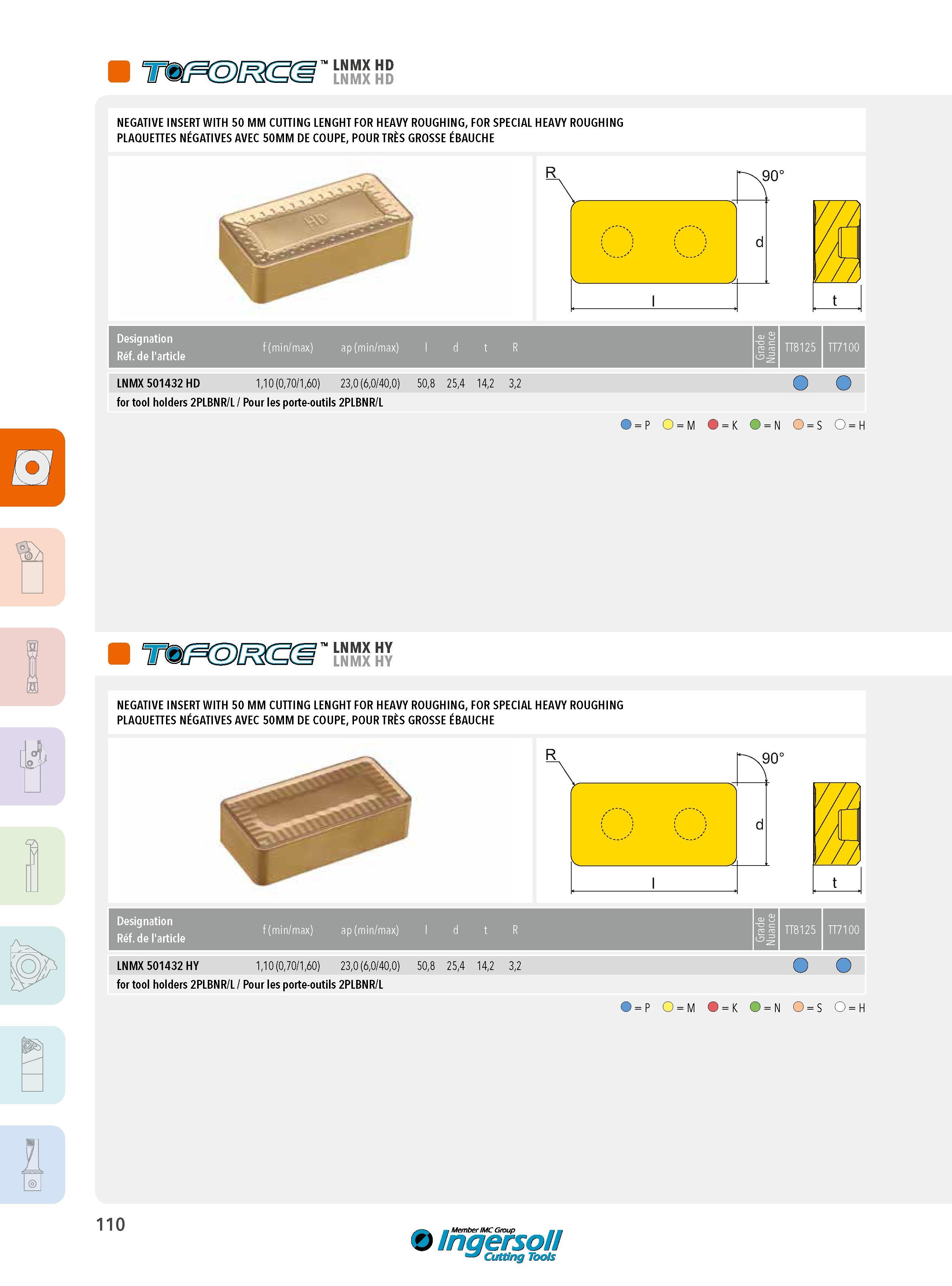 110 LNMX HD LNMX HD NEGATIVE INSERT WITH 50 MM CUTTING LENGHT FOR HEAVY ROUGHING, FOR SPECIAL HEAVY ROUGHING PLAQUETTES NÉGATIVES AVEC 50MM DE COUPE, POUR T Каталог INGERSOLL 2015 Металлорежущий токарный инструмент Резцы Державки Сменные режущие многогранные пластины для точения на станках Стр. 110 ENG FRA