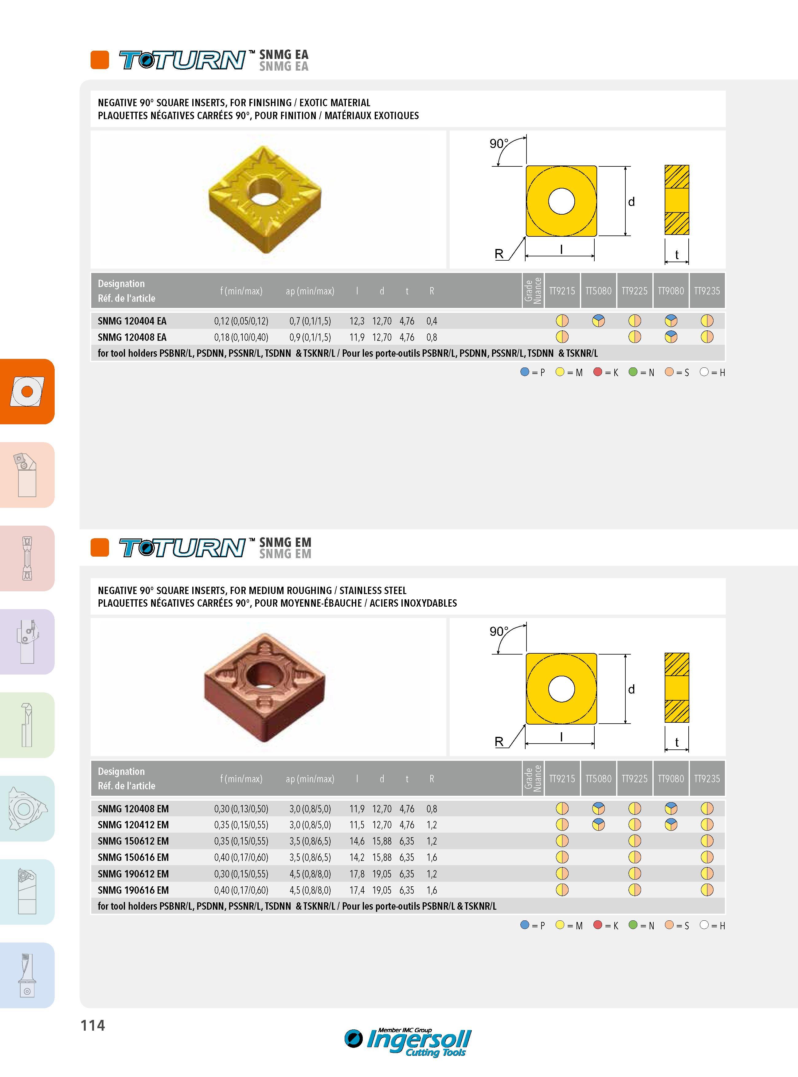 114 SNMG EA SNMG EA NEGATIVE 90° SQUARE INSERTS, FOR FINISHING / EXOTIC MATERIAL PLAQUETTES NÉGATIVES CARRÉES 90°, POUR FINITION / MATÉRIAUX EXOTIQUES Desig Каталог INGERSOLL 2015 Металлорежущий токарный инструмент Резцы Державки Сменные режущие многогранные пластины для точения на станках Стр. 114 ENG FRA