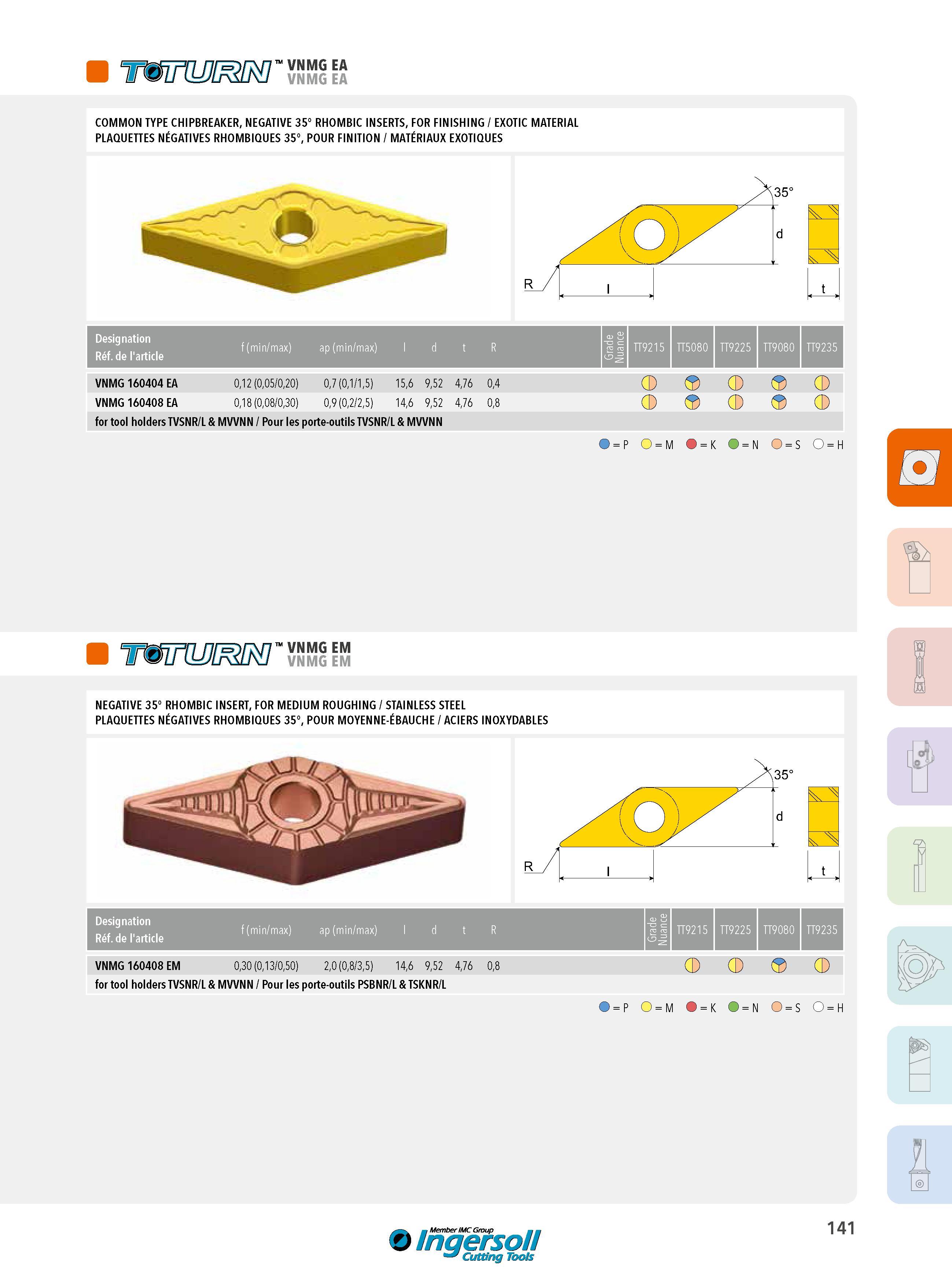 141 VNMG EA VNMG EA COMMON TYPE CHIPBREAKER, NEGATIVE 35° RHOMBIC INSERTS, FOR FINISHING / EXOTIC MATERIAL PLAQUETTES NÉGATIVES RHOMBIQUES 35°, POUR FINITIO Каталог INGERSOLL 2015 Металлорежущий токарный инструмент Резцы Державки Сменные режущие многогранные пластины для точения на станках Стр. 141 ENG FRA