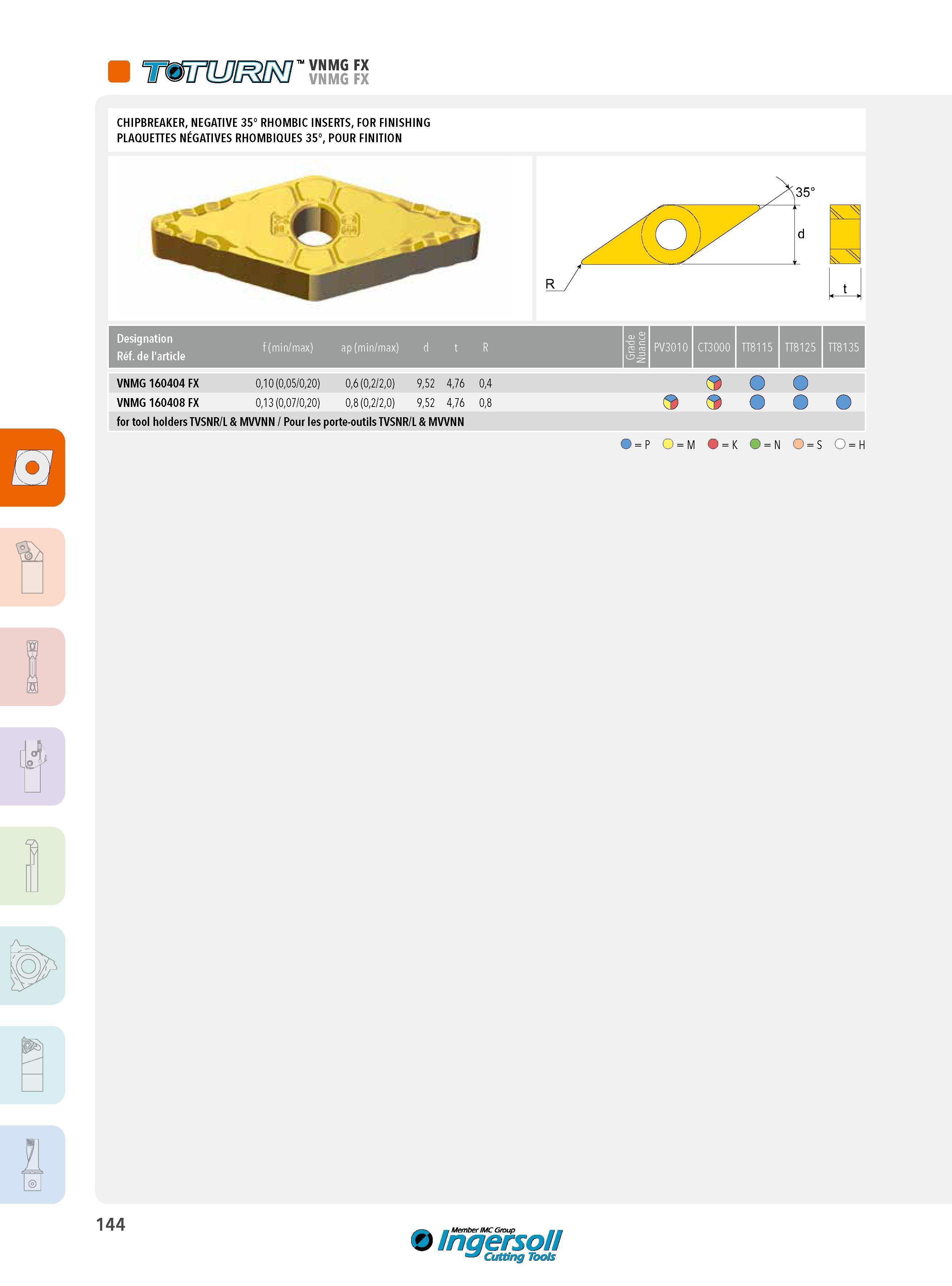 144 NEGATIVE 35° RHOMBIC INSERTS VNMG FOR FINISHING PLAQUETTES NÉGATIVES RHOMBIQUES 35° POUR FINITION Designation Réf de l'article f (min/max) ap (min/max) Каталог INGERSOLL 2015 Металлорежущий токарный инструмент Резцы Державки Сменные режущие многогранные пластины для точения на станках Стр. 144 ENG FRA