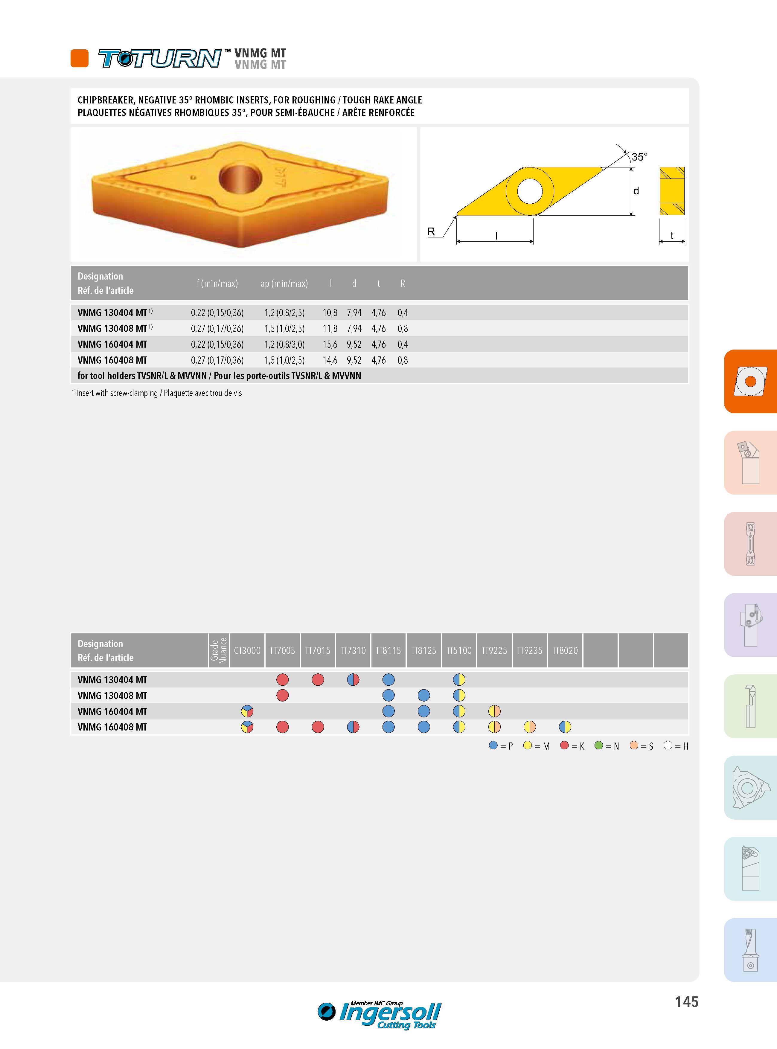 145 VNMG MT VNMG MT CHIPBREAKER, NEGATIVE 35° RHOMBIC INSERTS, FOR ROUGHING / TOUGH RAKE ANGLE PLAQUETTES NÉGATIVES RHOMBIQUES 35°, POUR SEMI-ÉBAUCHE / ARÊT Каталог INGERSOLL 2015 Металлорежущий токарный инструмент Резцы Державки Сменные режущие многогранные пластины для точения на станках Стр. 145 ENG FRA