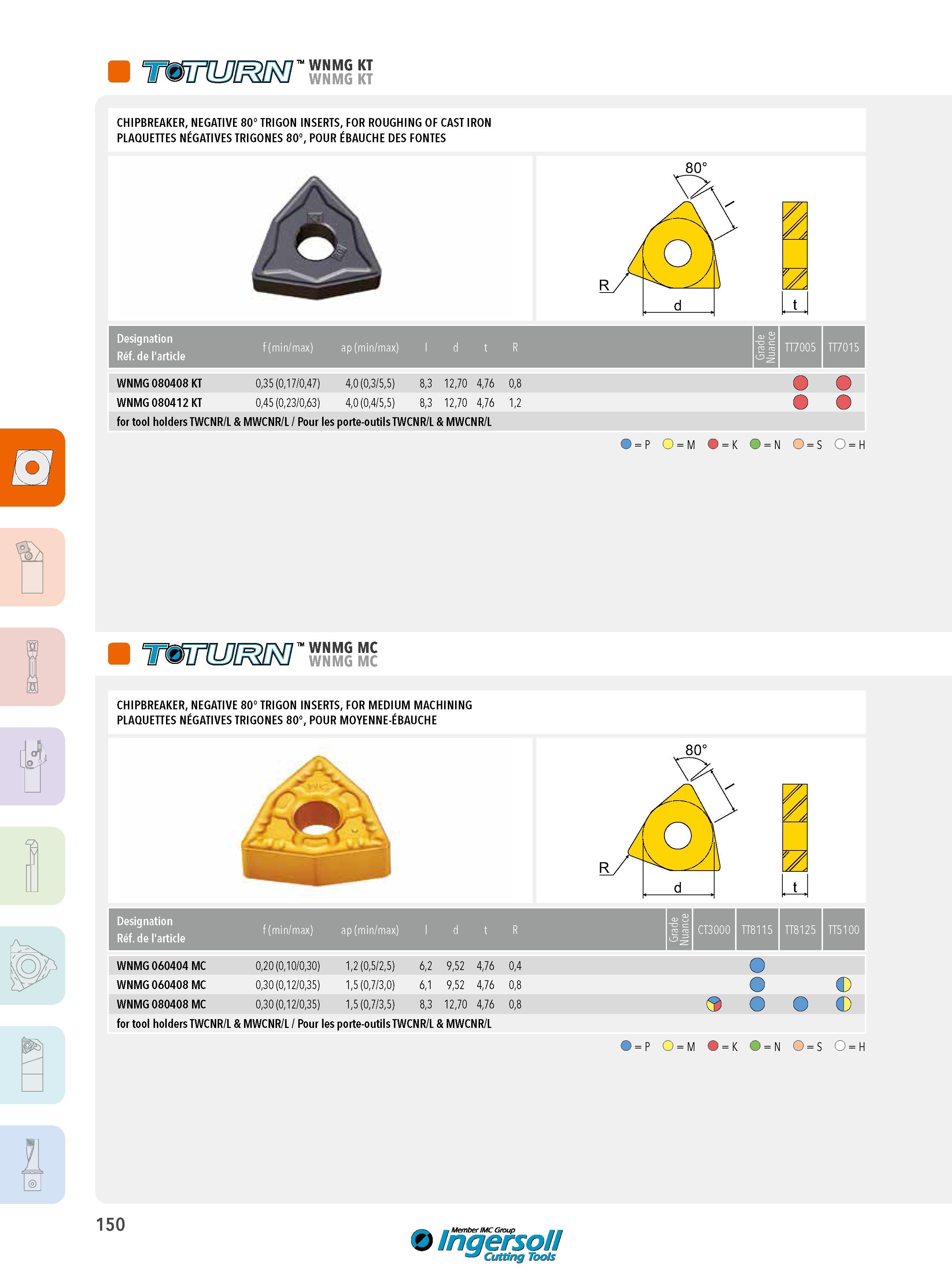150 WNMG KT WNMG KT CHIPBREAKER, NEGATIVE 80° TRIGON INSERTS, FOR ROUGHING OF CAST IRON PLAQUETTES NÉGATIVES TRIGONES 80°, POUR ÉBAUCHE DES FONTES 80° Desig Каталог INGERSOLL 2015 Металлорежущий токарный инструмент Резцы Державки Сменные режущие многогранные пластины для точения на станках Стр. 150 ENG FRA