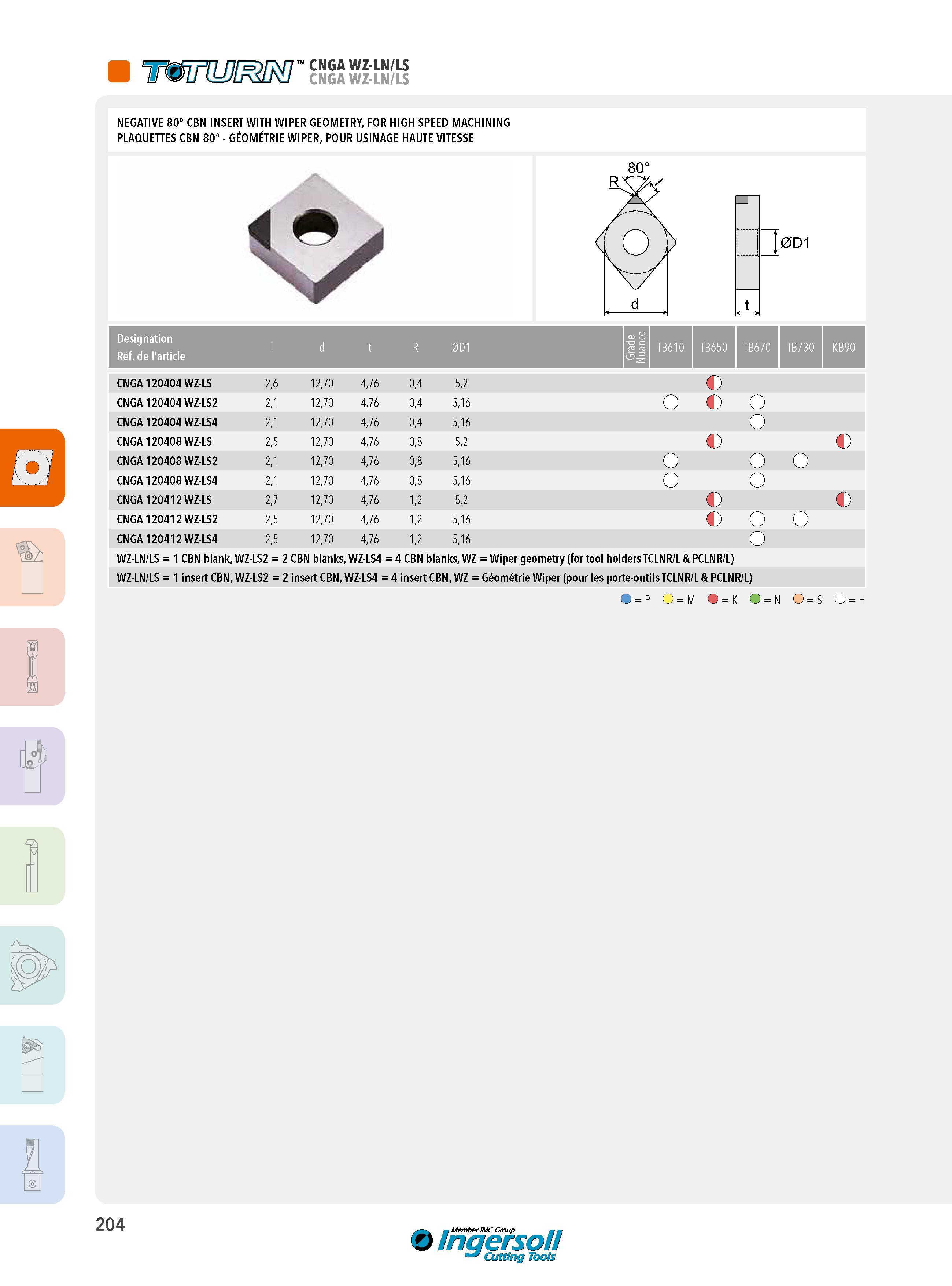 204 immwijma' cnga wz-ln/ls NEGATIVE 80° CBN INSERT WITH WIPER GEOMETRY, FOR HIGH SPEED MACHINING PLAQUETTES CBN 80° - GÉOMÉTRIE WIPER, POUR USINAGE HAUTE V Каталог INGERSOLL 2015 Металлорежущий токарный инструмент Резцы Державки Сменные режущие многогранные пластины для точения на станках Стр. 204 ENG FRA