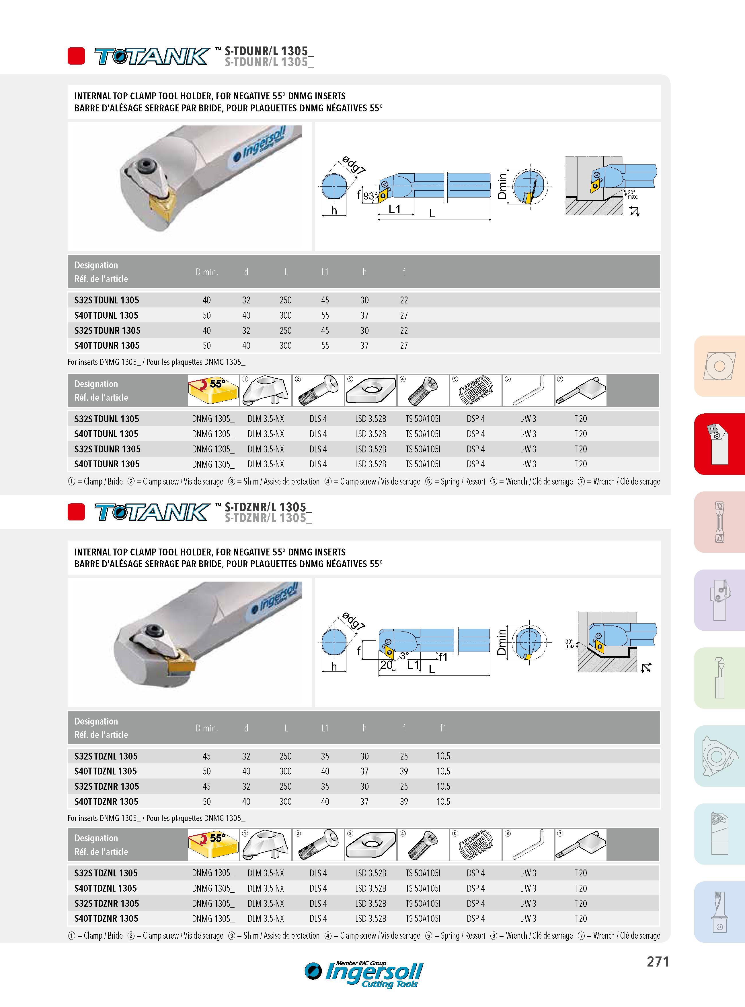 271 S-TDUNR/L 1305 S-TDUNR/L 1305 INTERNAL TOP CLAMP TOOL HOLDER, FOR NEGATIVE 55° DNMG INSERTS BARRE D'ALÉSAGE SERRAGE PAR BRIDE, POUR PLAQUETTES DNMG NÉGA Каталог INGERSOLL 2015 Металлорежущий токарный инструмент Резцы Державки Сменные режущие многогранные пластины для точения на станках Стр. 271 ENG FRA