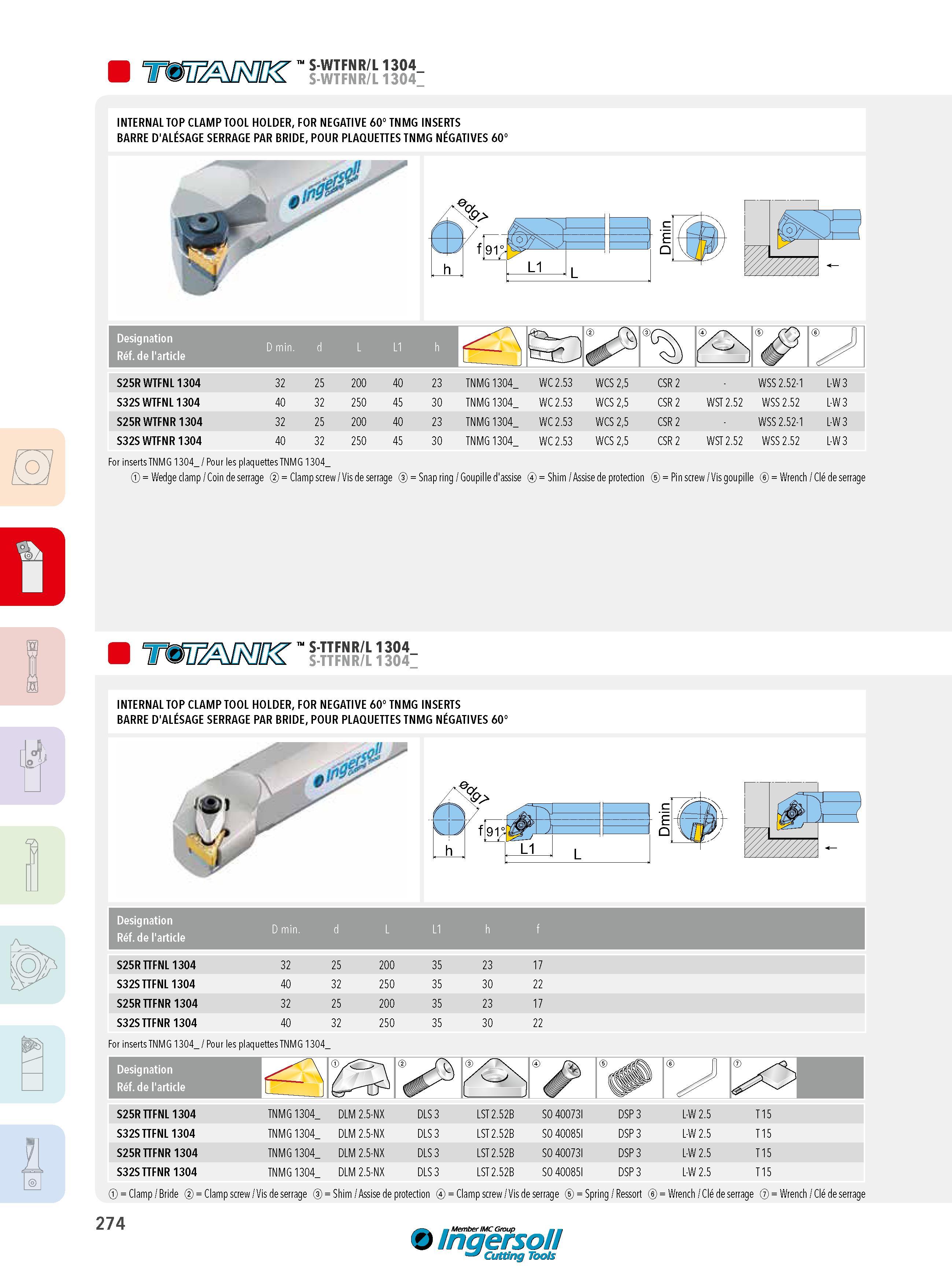 274 Tmr/msK' s-wtfnr/l 1304_ INTERNAL TOP CLAMP TOOL HOLDER, FOR NEGATIVE 60° TNMG INSERTS BARRE D'ALÉSAGE SERRAGE PAR BRIDE, POUR PLAQUETTES TNMG NÉGATIVES Каталог INGERSOLL 2015 Металлорежущий токарный инструмент Резцы Державки Сменные режущие многогранные пластины для точения на станках Стр. 274 ENG FRA