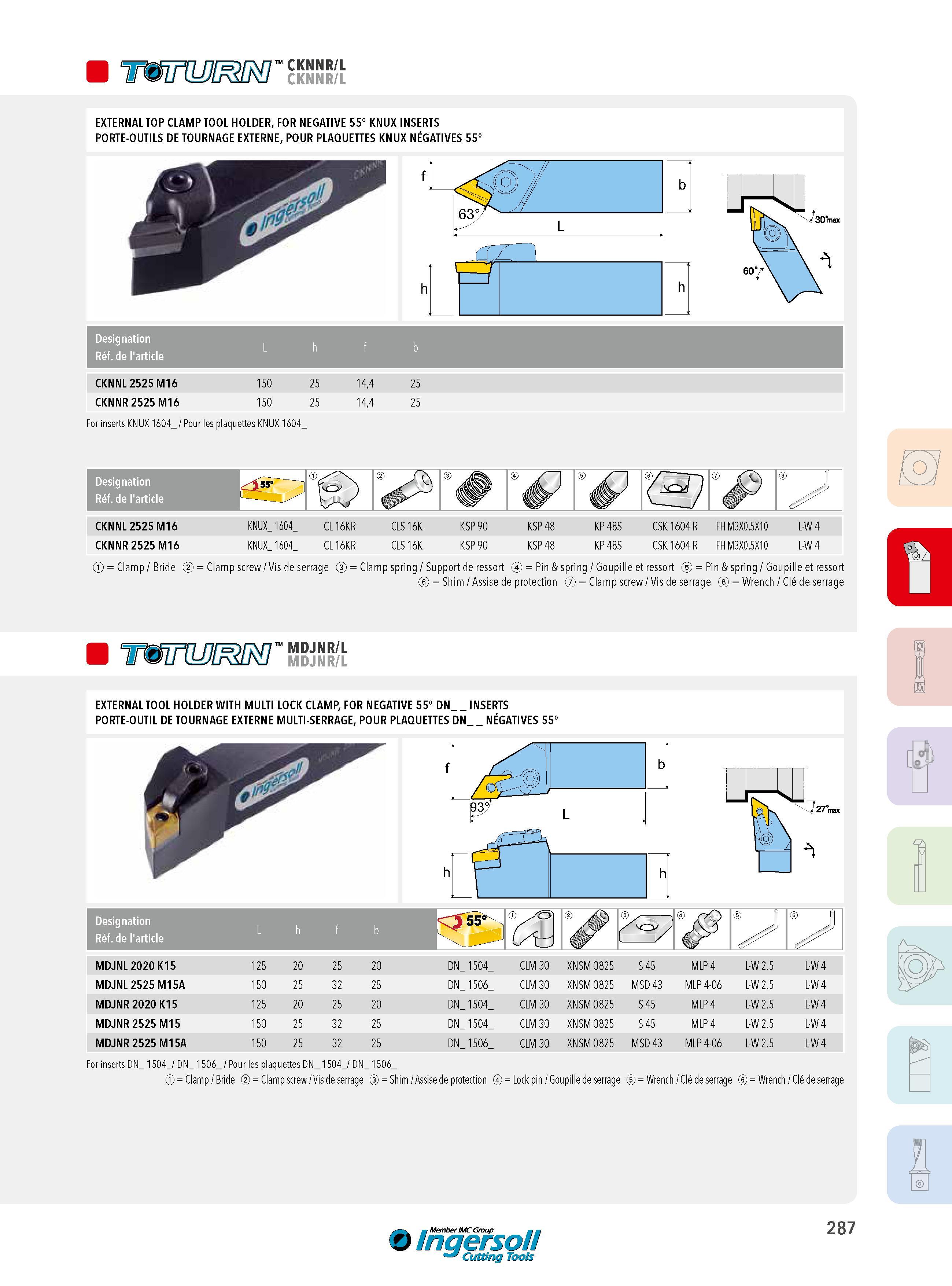 287 W CKNNR/L EXTERNAL TOP CLAMP TOOL HOLDER, FOR NEGATIVE 55° KNUX INSERTS PORTE-OUTILS DE TOURNAGE EXTERNE, POUR PLAQUETTES KNUX NÉGATIVES 55° Designation Каталог INGERSOLL 2015 Металлорежущий токарный инструмент Резцы Державки Сменные режущие многогранные пластины для точения на станках Стр. 287 ENG FRA