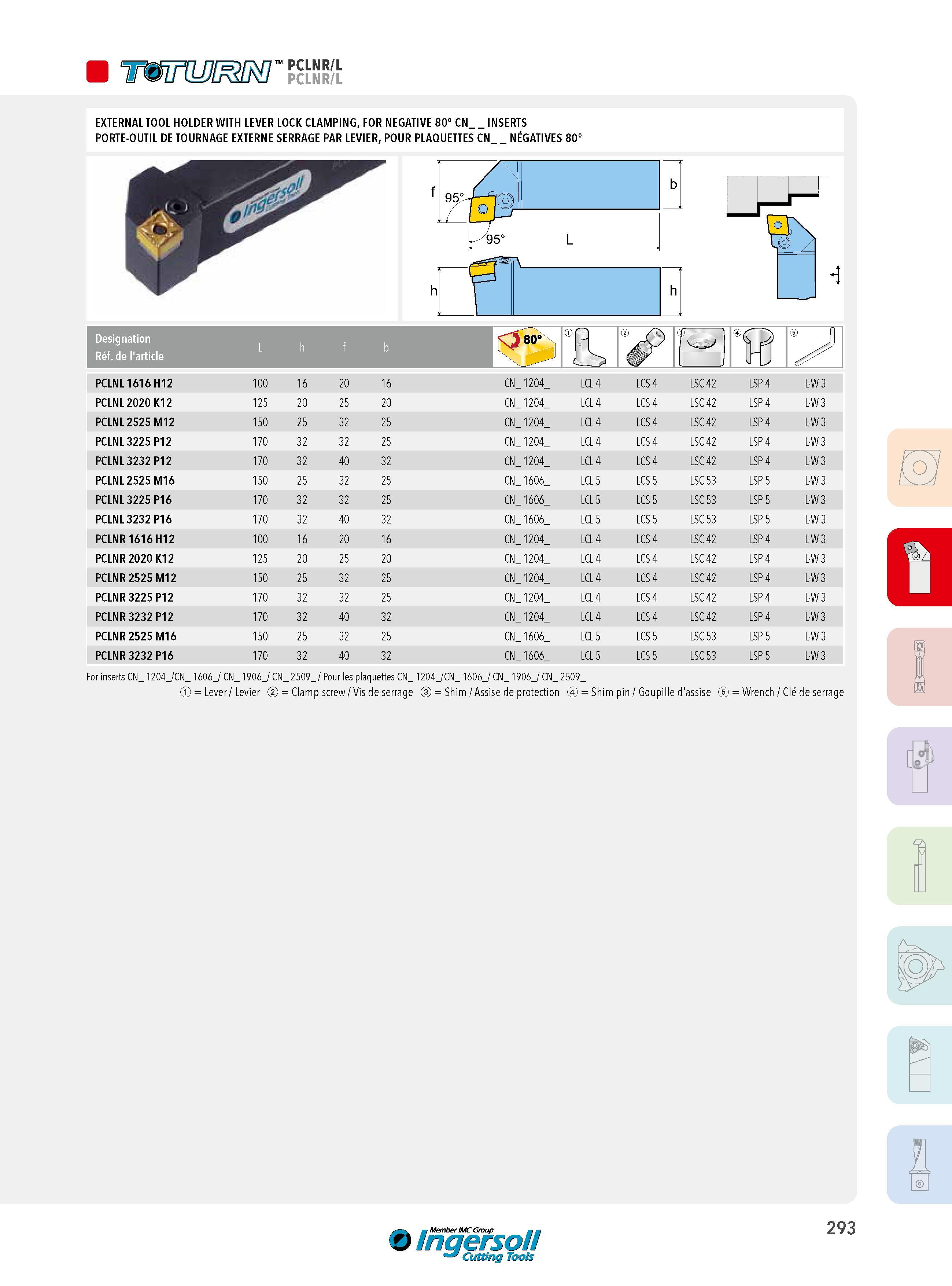 293 W PCLNR/L EXTERNAL TOOL HOLDER WITH LEVER LOCK CLAMPING, FOR NEGATIVE 80° CN_ INSERTS PORTE-OUTIL DE TOURNAGE EXTERNE SERRAGE PAR LEVIER, POUR PLAQUETTE Каталог INGERSOLL 2015 Металлорежущий токарный инструмент Резцы Державки Сменные режущие многогранные пластины для точения на станках Стр. 293 ENG FRA