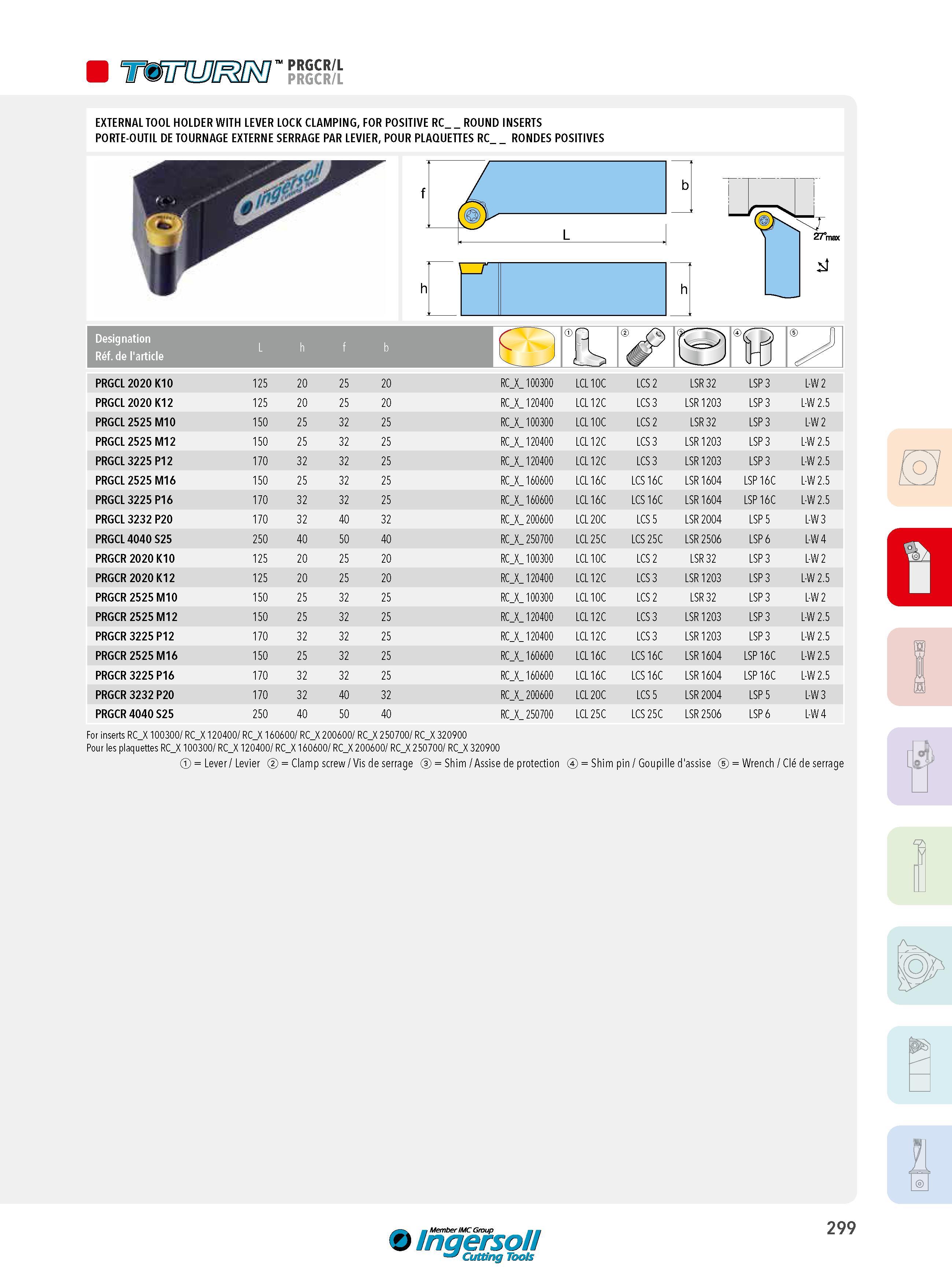 299 EXTERNAL TOOL HOLDER WITH LEVER LOCK CLAMPING, FOR POSITIVE RC _ROUND INSERTS PORTE-OUTIL DE TOURNAGE EXTERNE SERRAGE PAR LEVIER, POUR PLAQUETTES RC RON Каталог INGERSOLL 2015 Металлорежущий токарный инструмент Резцы Державки Сменные режущие многогранные пластины для точения на станках Стр. 299 ENG FRA