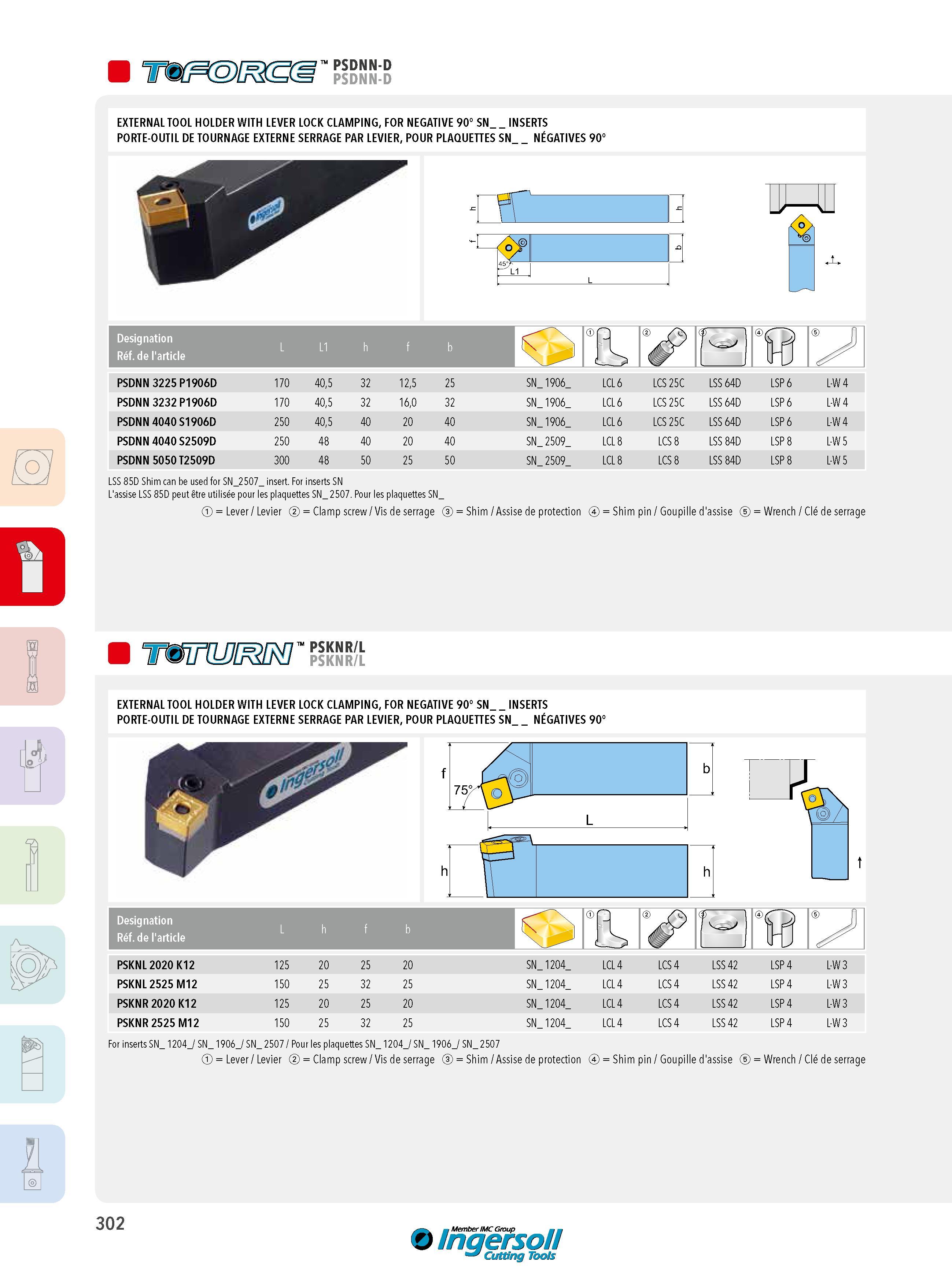 302 PSDNN-D PSDNN-D EXTERNAL TOOL HOLDER WITH LEVER LOCK CLAMPING, FOR NEGATIVE 90° SN _INSERTS PORTE-OUTIL DE TOURNAGE EXTERNE SERRAGE PAR LEVIER, POUR PLA Каталог INGERSOLL 2015 Металлорежущий токарный инструмент Резцы Державки Сменные режущие многогранные пластины для точения на станках Стр. 302 ENG FRA