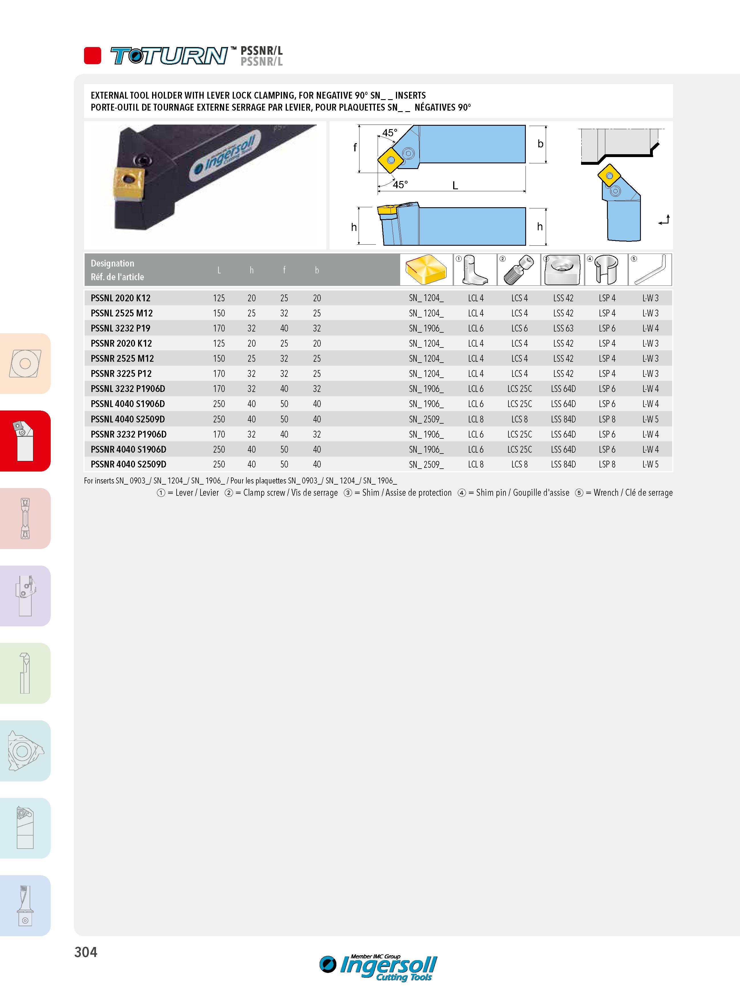 304 PSSNR/L PSSNR/L EXTERNAL TOOL HOLDER WITH LEVER LOCK CLAMPING, FOR NEGATIVE 90° SN _INSERTS PORTE-OUTIL DE TOURNAGE EXTERNE SERRAGE PAR LEVIER, POUR PLA Каталог INGERSOLL 2015 Металлорежущий токарный инструмент Резцы Державки Сменные режущие многогранные пластины для точения на станках Стр. 304 ENG FRA