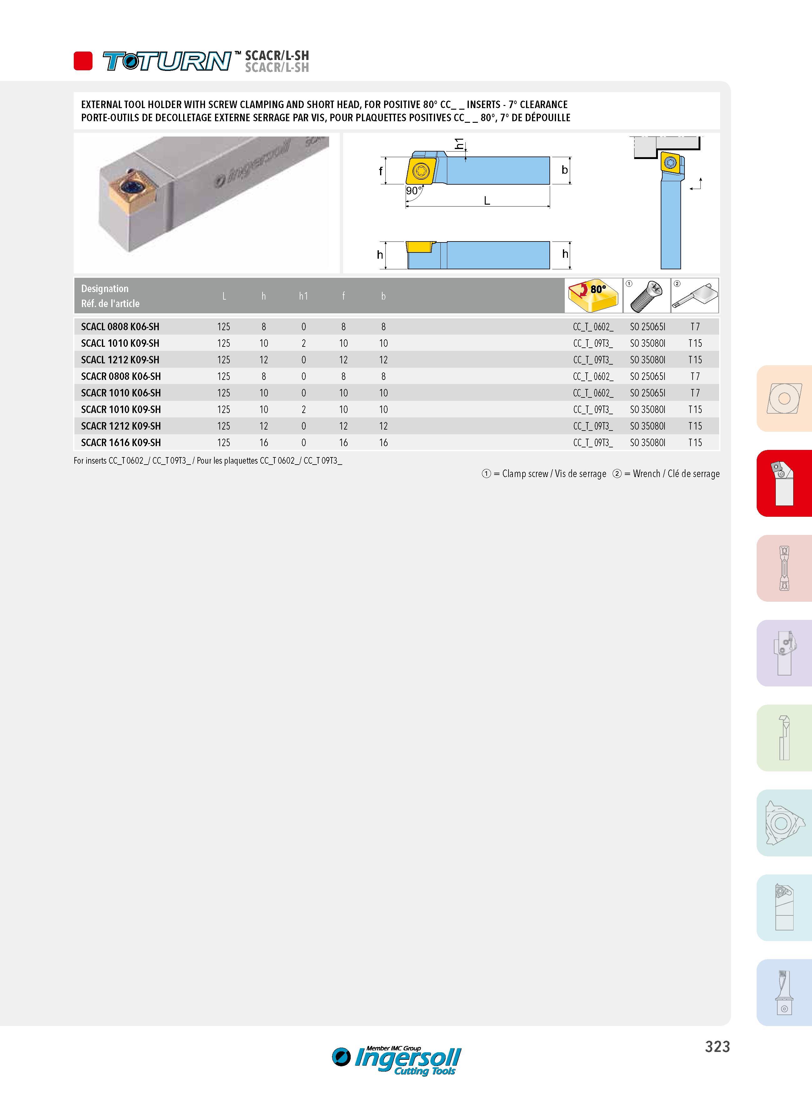 323 W SCACR/L-SH EXTERNAL TOOL HOLDER WITH SCREW CLAMPING AND SHORT HEAD, FOR POSITIVE 80° CC_ INSERTS - 7° CLEARANCE PORTE-OUTILS DE DECOLLETAGE EXTERNE SE Каталог INGERSOLL 2015 Металлорежущий токарный инструмент Резцы Державки Сменные режущие многогранные пластины для точения на станках Стр. 323 ENG FRA
