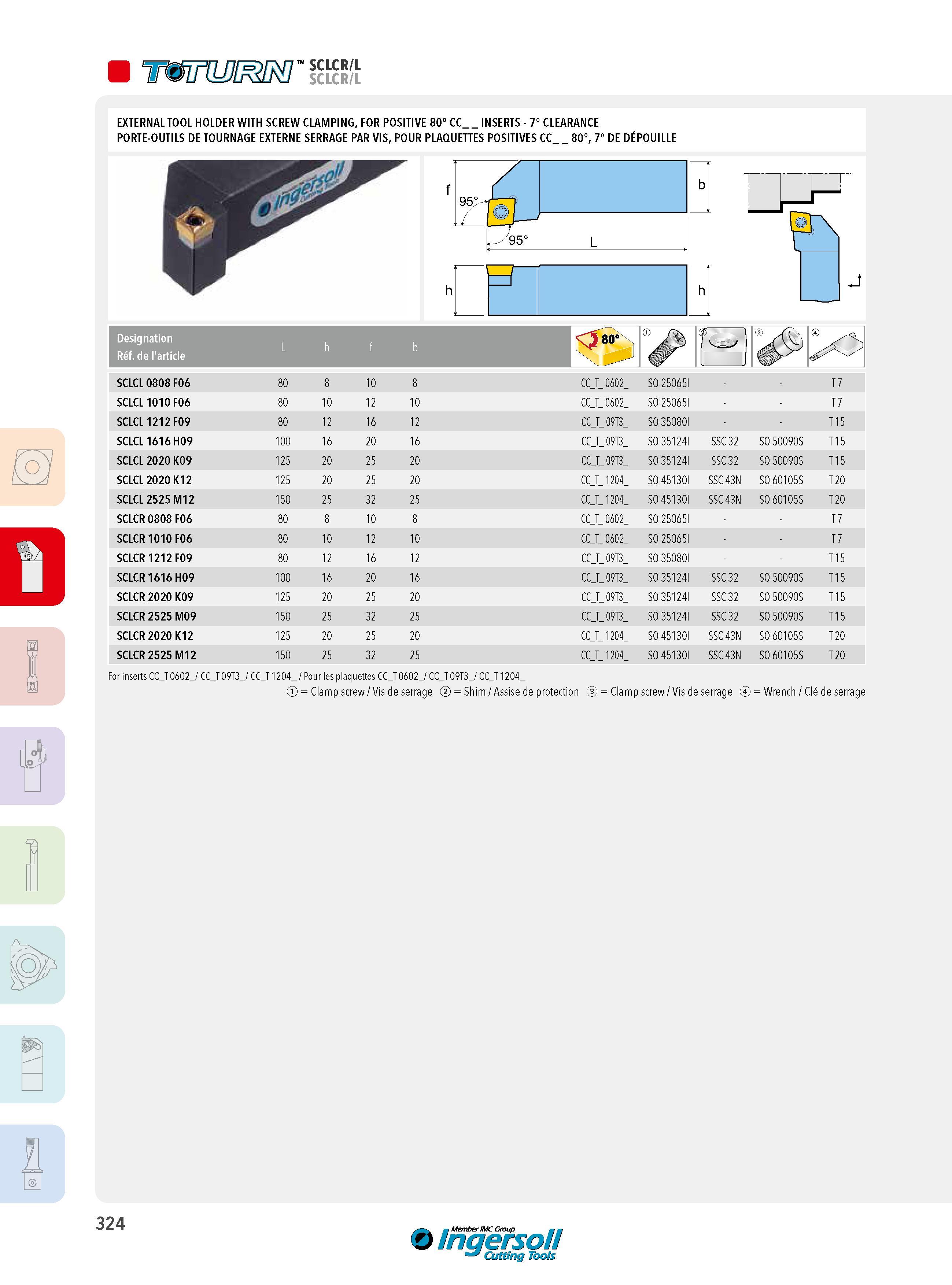 324 SCLCR/L SCLCR/L V O v y D EXTERNAL TOOL HOLDER WITH SCREW CLAMPING, FOR POSITIVE 80° CC _INSERTS - 7° CLEARANCE PORTE-OUTILS DE TOURNAGE EXTERNE SERRAGE Каталог INGERSOLL 2015 Металлорежущий токарный инструмент Резцы Державки Сменные режущие многогранные пластины для точения на станках Стр. 324 ENG FRA