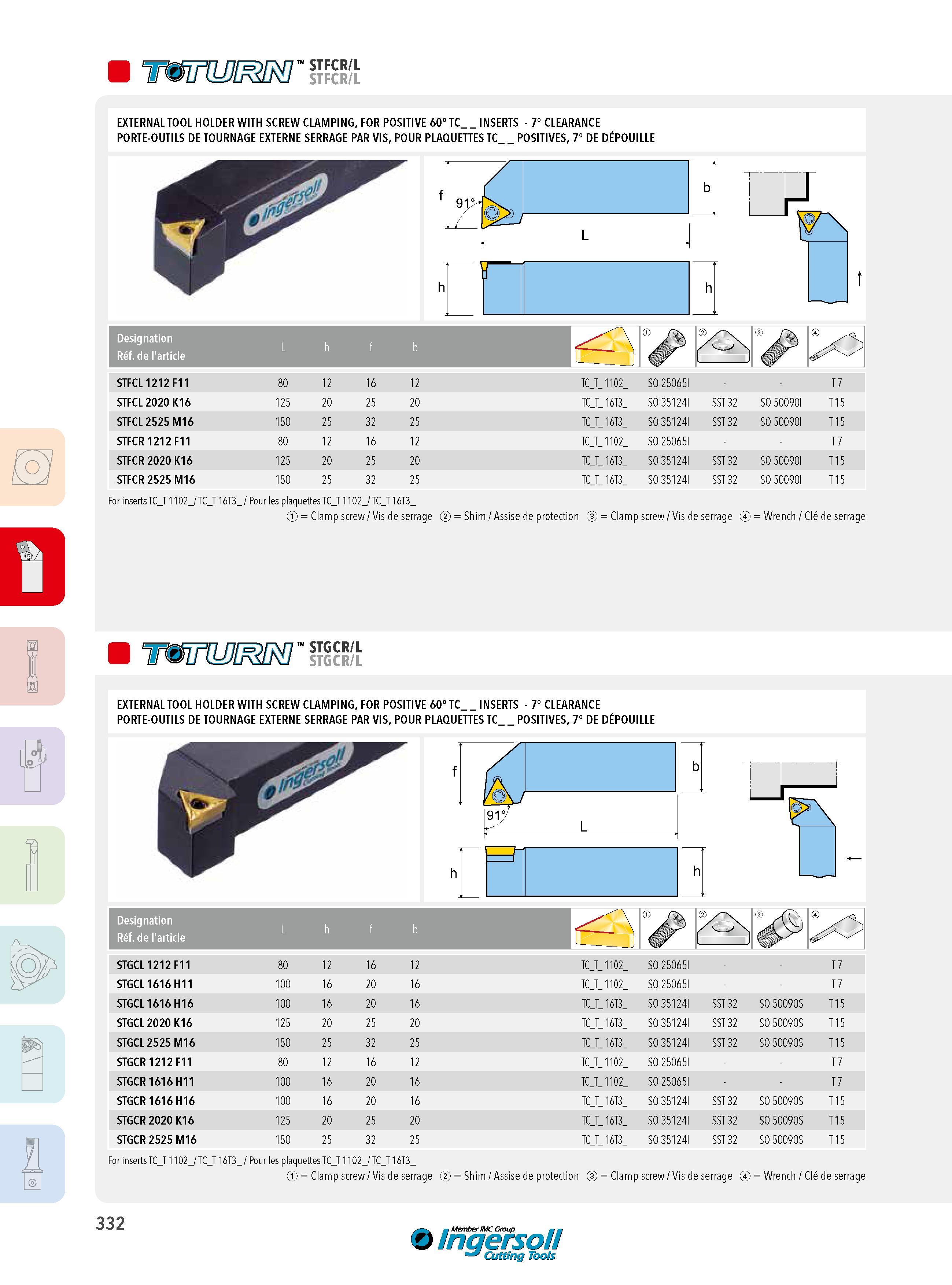 332 STFCR/L STFCR/L EXTERNAL TOOL HOLDER WITH SCREW CLAMPING, FOR POSITIVE 60° TC _INSERTS - 7° CLEARANCE PORTE-OUTILS DE TOURNAGE EXTERNE SERRAGE PAR VIS, Каталог INGERSOLL 2015 Металлорежущий токарный инструмент Резцы Державки Сменные режущие многогранные пластины для точения на станках Стр. 332 ENG FRA