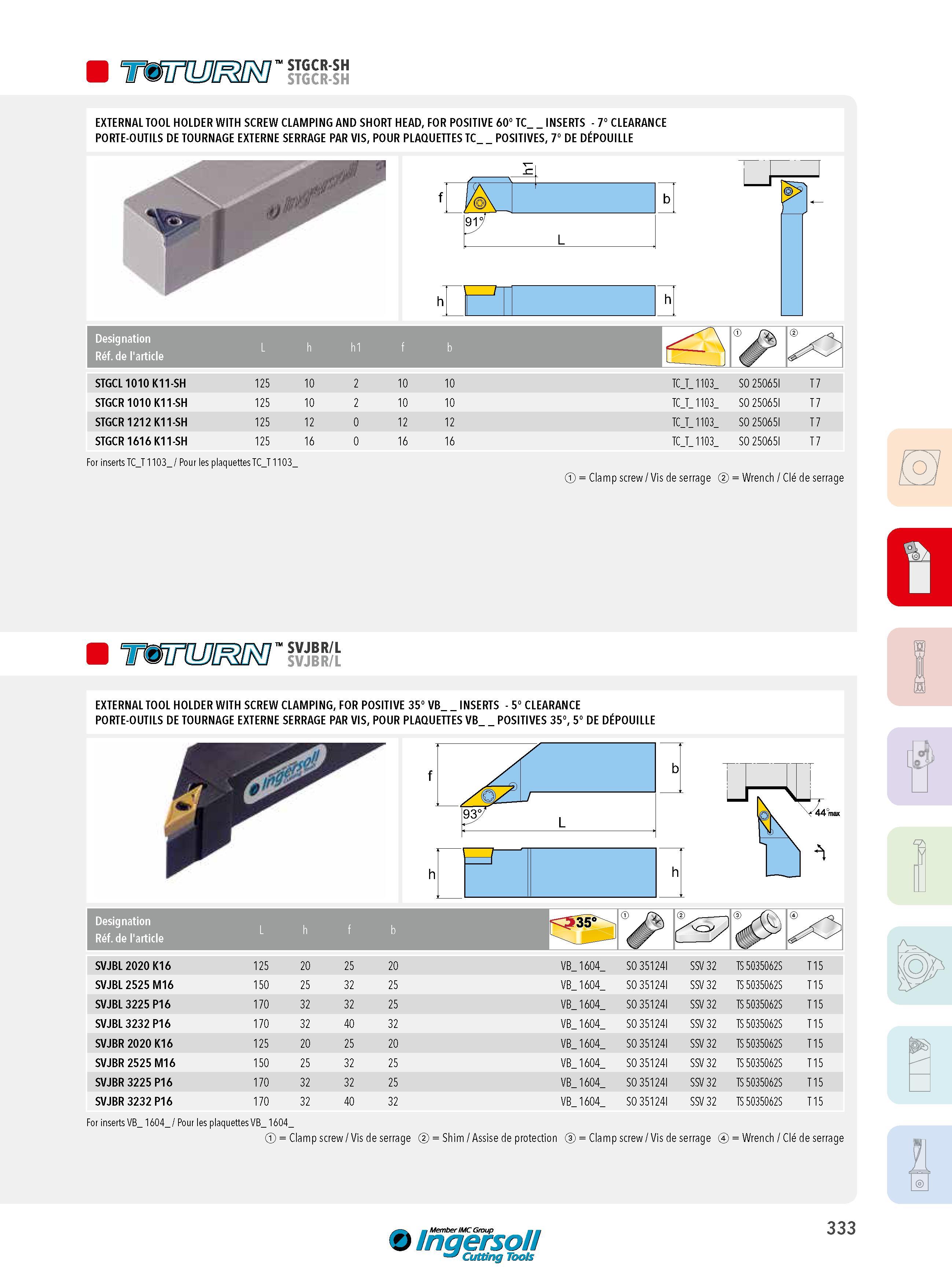 333 STGCR-SH STGCR-SH EXTERNAL TOOL HOLDER WITH SCREW CLAMPING AND SHORT HEAD, FOR POSITIVE 60° TC_ INSERTS - 7° CLEARANCE PORTE-OUTILS DE TOURNAGE EXTERNE Каталог INGERSOLL 2015 Металлорежущий токарный инструмент Резцы Державки Сменные режущие многогранные пластины для точения на станках Стр. 333 ENG FRA