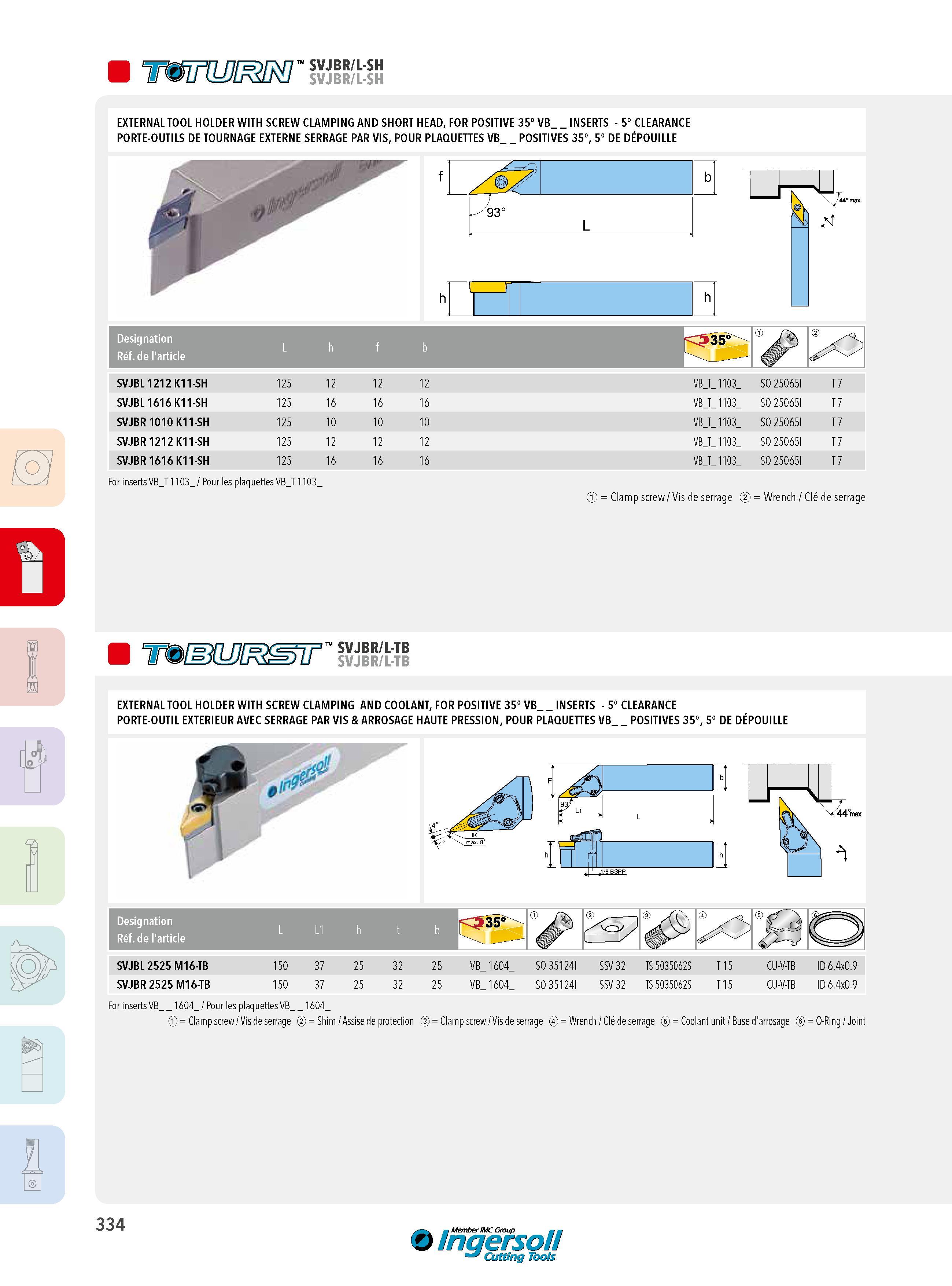 334 SVJBR/L-SH SVJBR/L-SH V O v y D EXTERNAL TOOL HOLDER WITH SCREW CLAMPING AND SHORT HEAD, FOR POSITIVE 35° VB_ INSERTS - 5° CLEARANCE PORTE-OUTILS DE TOU Каталог INGERSOLL 2015 Металлорежущий токарный инструмент Резцы Державки Сменные режущие многогранные пластины для точения на станках Стр. 334 ENG FRA