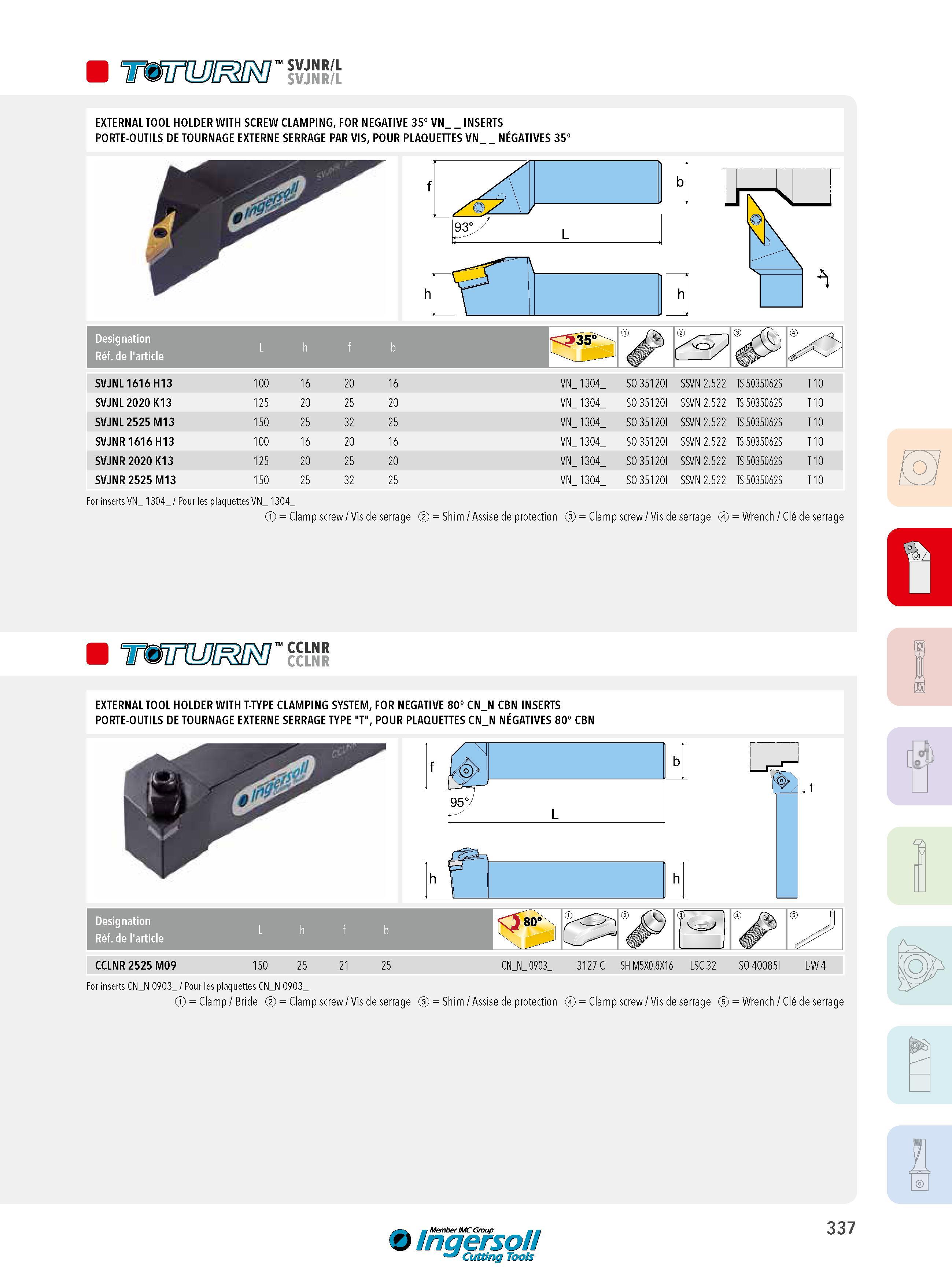 337 W SVJNR/L EXTERNAL TOOL HOLDER WITH SCREW CLAMPING, FOR NEGATIVE 35° VN_ INSERTS PORTE-OUTILS DE TOURNAGE EXTERNE SERRAGE PAR VIS, POUR PLAQUETTES VN NÉ Каталог INGERSOLL 2015 Металлорежущий токарный инструмент Резцы Державки Сменные режущие многогранные пластины для точения на станках Стр. 337 ENG FRA