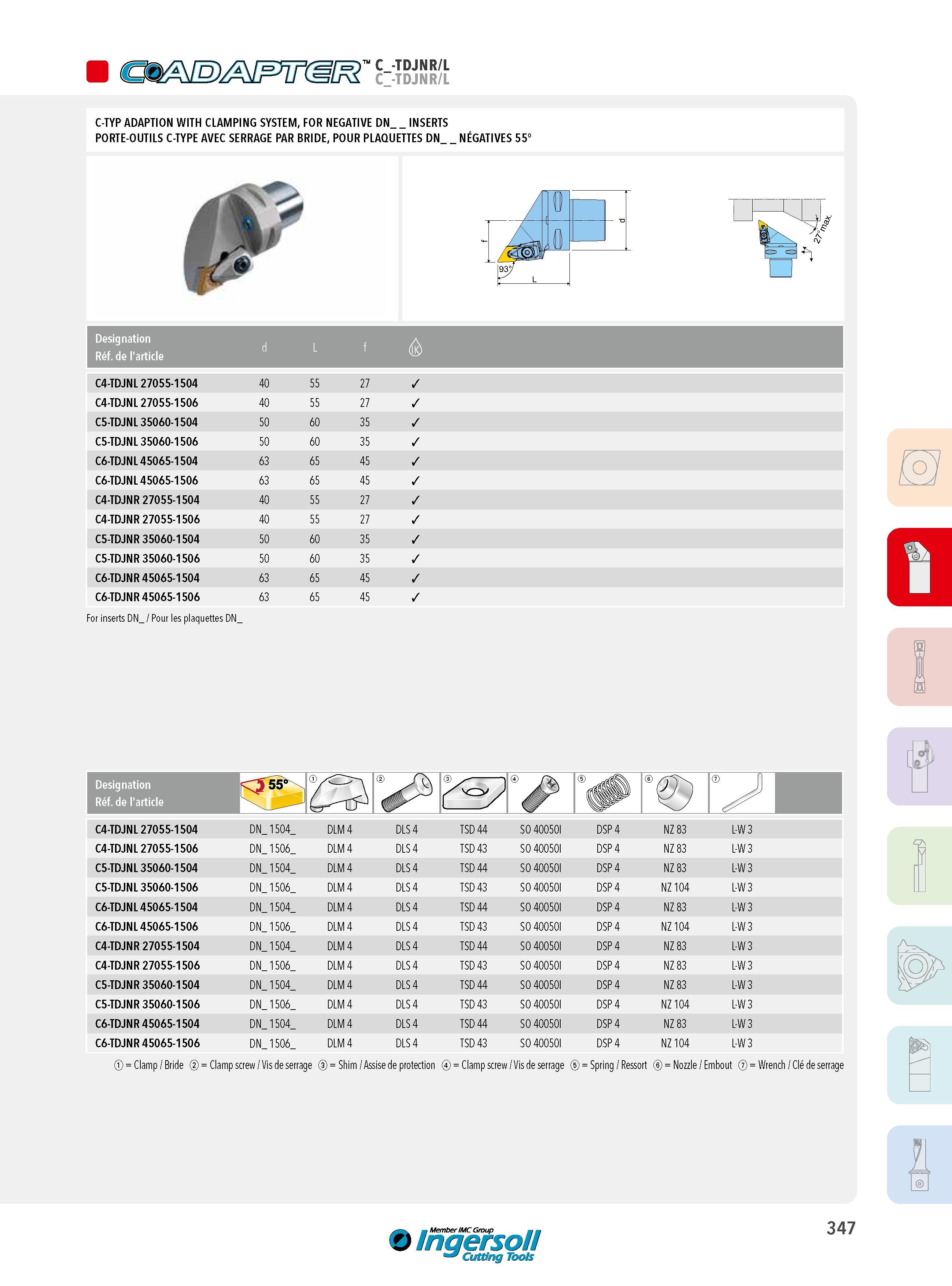 347 C_-TDJNR/L TDJNR/L C-TYP ADAPTION WITH CLAMPING SYSTEM, FOR NEGATIVE DN INSERTS PORTE-OUTILS C-TYPE AVEC SERRAGE PAR BRIDE, POUR PLAQUETTES DN NÉGATIVES Каталог INGERSOLL 2015 Металлорежущий токарный инструмент Резцы Державки Сменные режущие многогранные пластины для точения на станках Стр. 347 ENG FRA