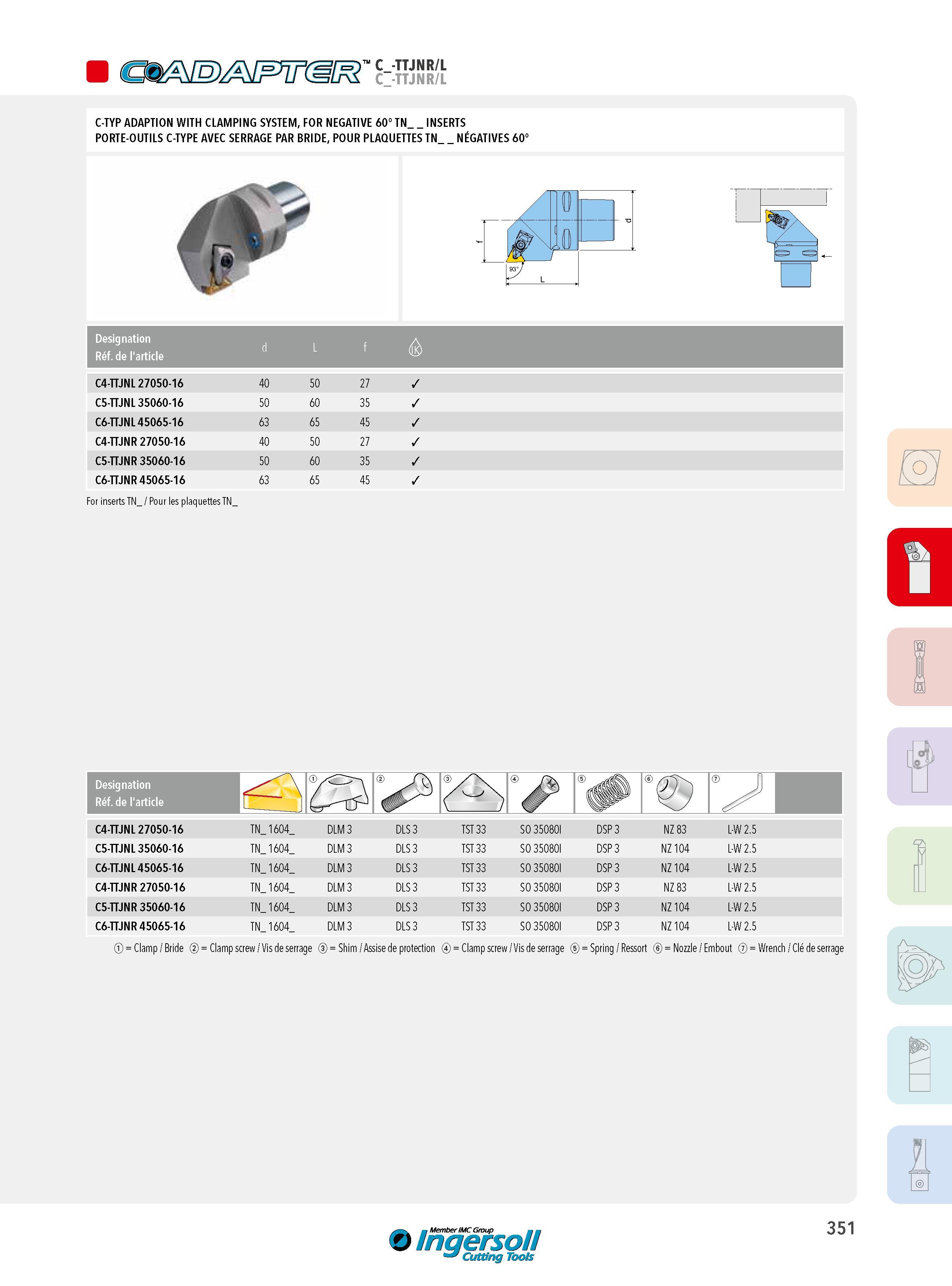 351 C_-' 3ÜA1 C -' C_-TTJNR/L TTJNR/L C-TYP ADAPTION WITH CLAMPING SYSTEM, FOR NEGATIVE 60° TN_ INSERTS PORTE-OUTILS C-TYPE AVEC SERRAGE PAR BRIDE, POUR PLA Каталог INGERSOLL 2015 Металлорежущий токарный инструмент Резцы Державки Сменные режущие многогранные пластины для точения на станках Стр. 351 ENG FRA