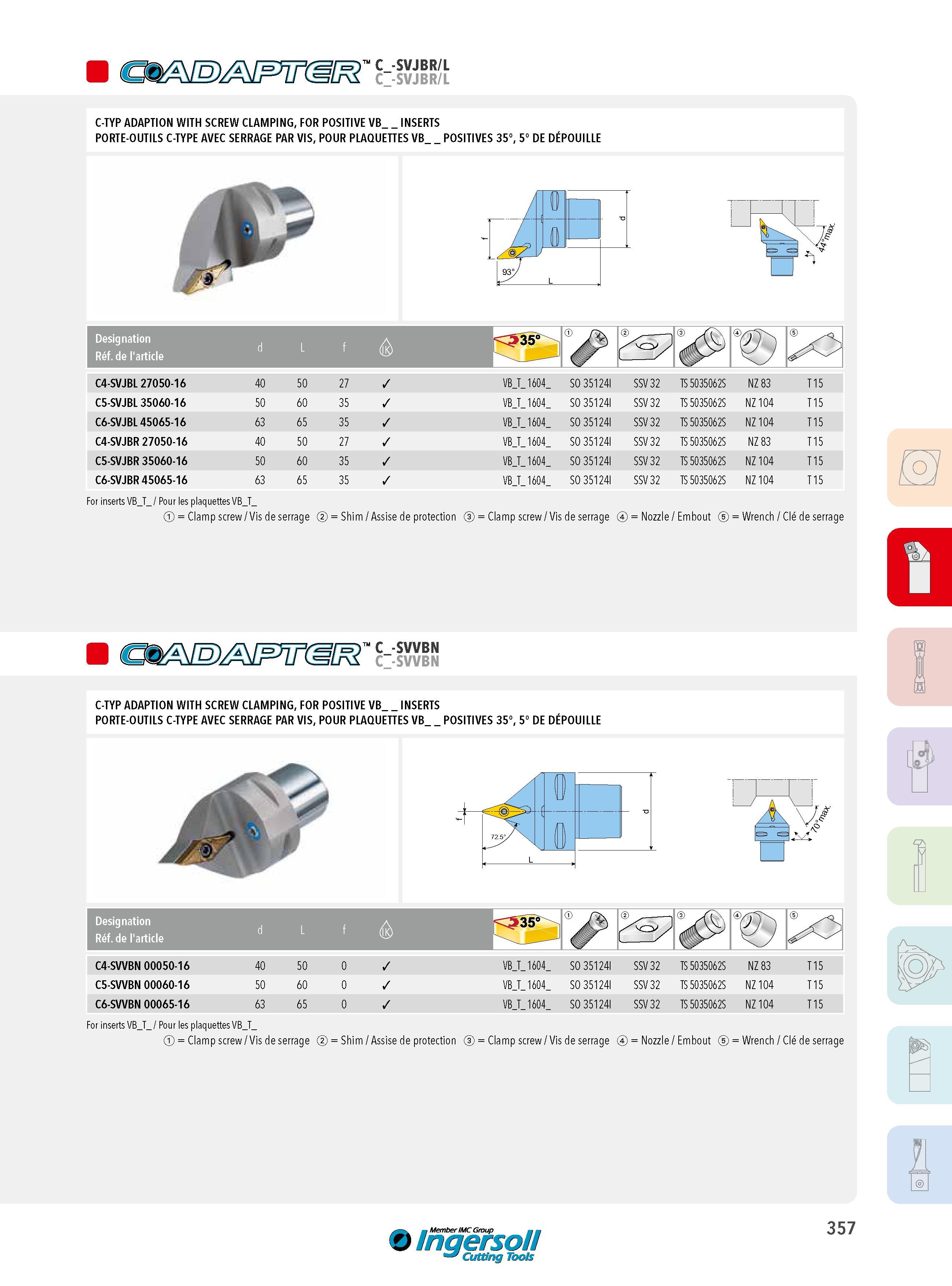 357 m C- C-:SVJBR/L SVJBR/L C-TYP ADAPTION WITH SCREW CLAMPING, FOR POSITIVE VB_ INSERTS PORTE-OUTILS C-TYPE AVEC SERRAGE PAR VIS, POUR PLAQUETTES VB POSITI Каталог INGERSOLL 2015 Металлорежущий токарный инструмент Резцы Державки Сменные режущие многогранные пластины для точения на станках Стр. 357 ENG FRA