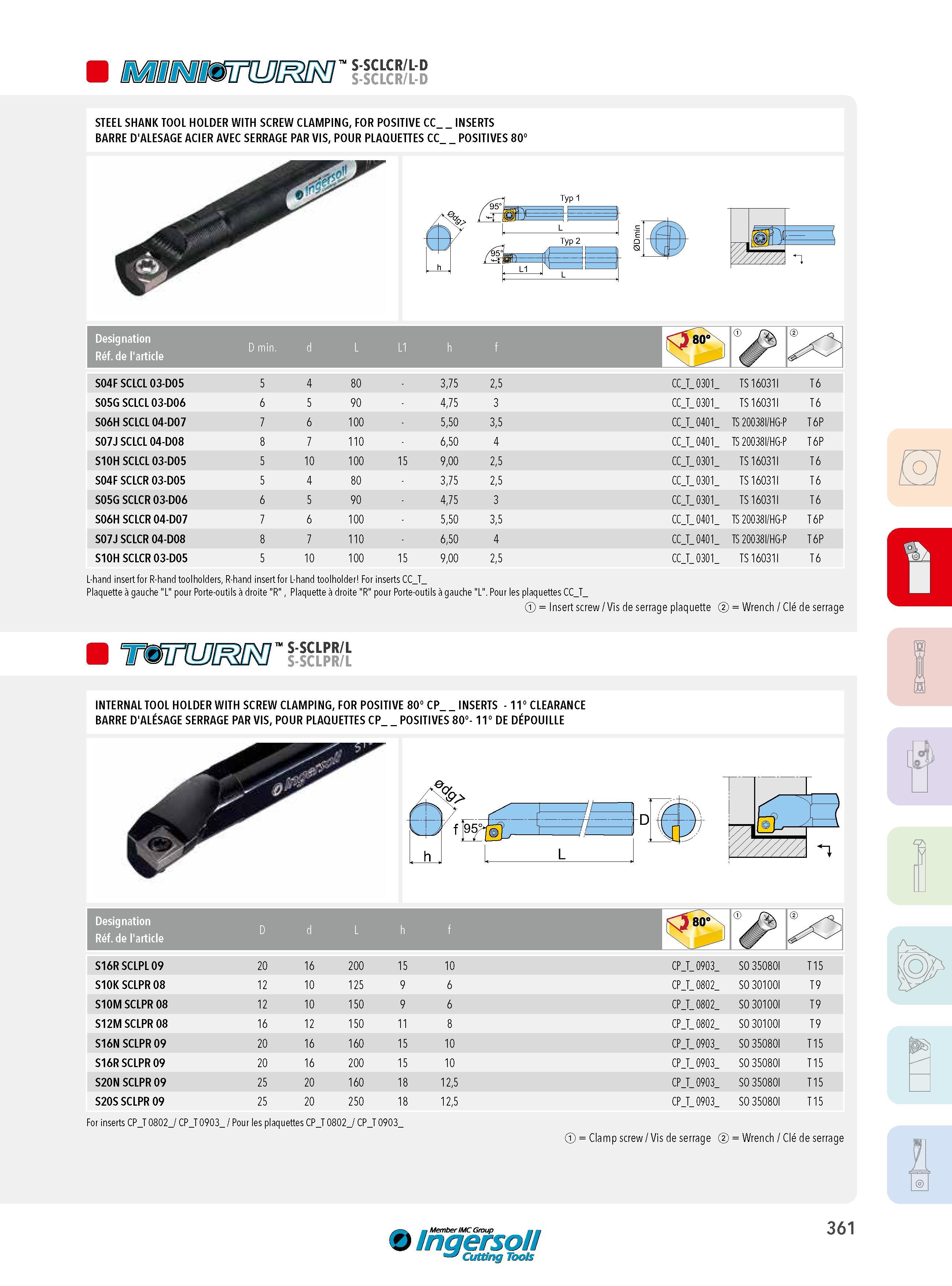 361 STEEL SHANK TOOL HOLDER WITH SCREW CLAMPING FOR POSITIVE CC INSERTS BARRE D'ALESAGE ACIER AVEC SERRAGE PAR VIS POUR PLAQUETTES CC POSITIVES 80° Designat Каталог INGERSOLL 2015 Металлорежущий токарный инструмент Резцы Державки Сменные режущие многогранные пластины для точения на станках Стр. 361 ENG FRA