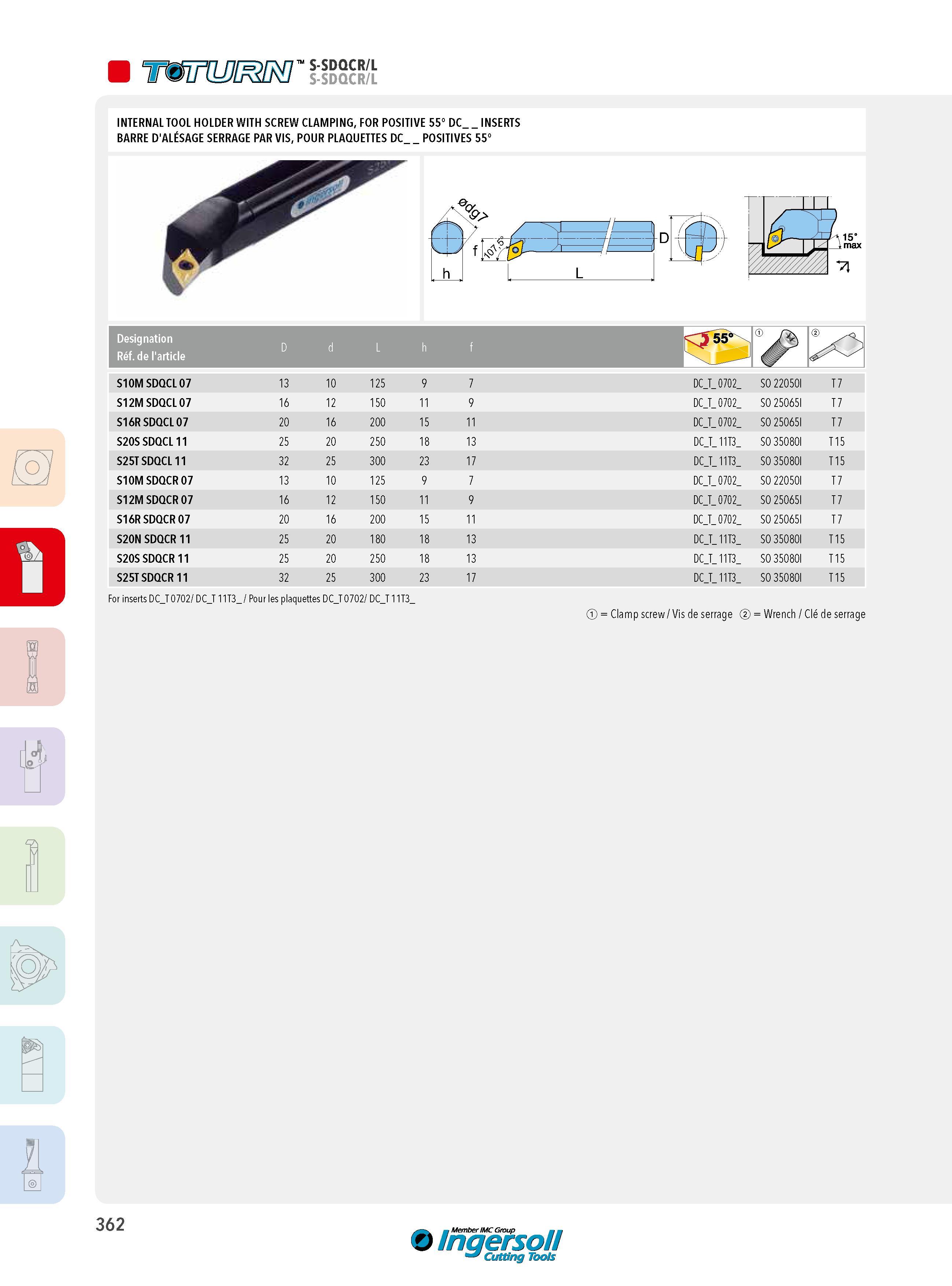362 S-SDQCR/L S-SDQCR/L INTERNAL TOOL HOLDER WITH SCREW CLAMPING, FOR POSITIVE 55° DC INSERTS BARRE D'ALÉSAGE SERRAGE PAR VIS, POUR PLAQUETTES DC POSITIVES Каталог INGERSOLL 2015 Металлорежущий токарный инструмент Резцы Державки Сменные режущие многогранные пластины для точения на станках Стр. 362 ENG FRA
