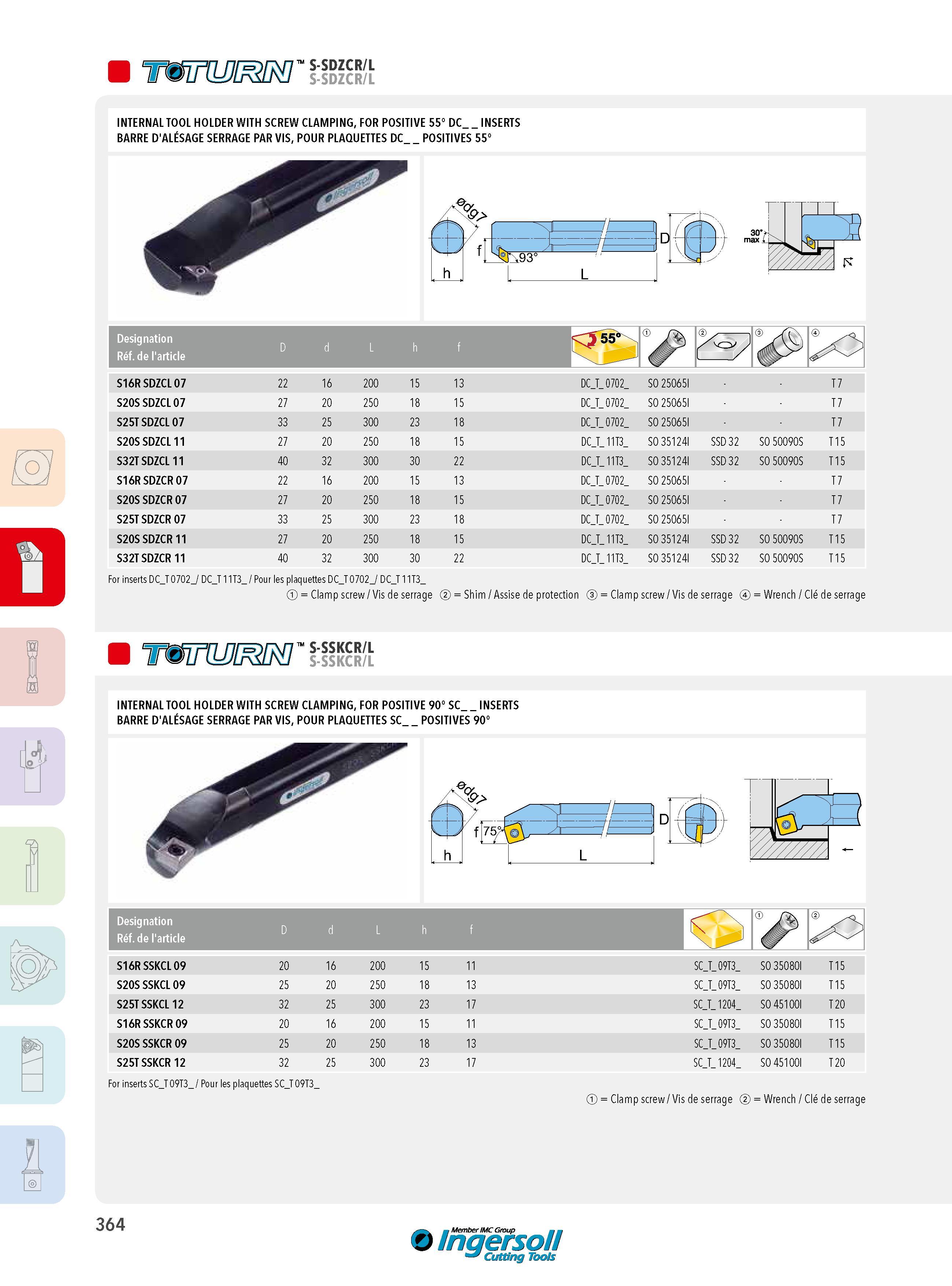 364 S-SDZCR/L S-SDZCR/L INTERNAL TOOL HOLDER WITH SCREW CLAMPING, FOR POSITIVE 55° DC INSERTS BARRE D'ALÉSAGE SERRAGE PAR VIS, POUR PLAQUETTES DC POSITIVES Каталог INGERSOLL 2015 Металлорежущий токарный инструмент Резцы Державки Сменные режущие многогранные пластины для точения на станках Стр. 364 ENG FRA