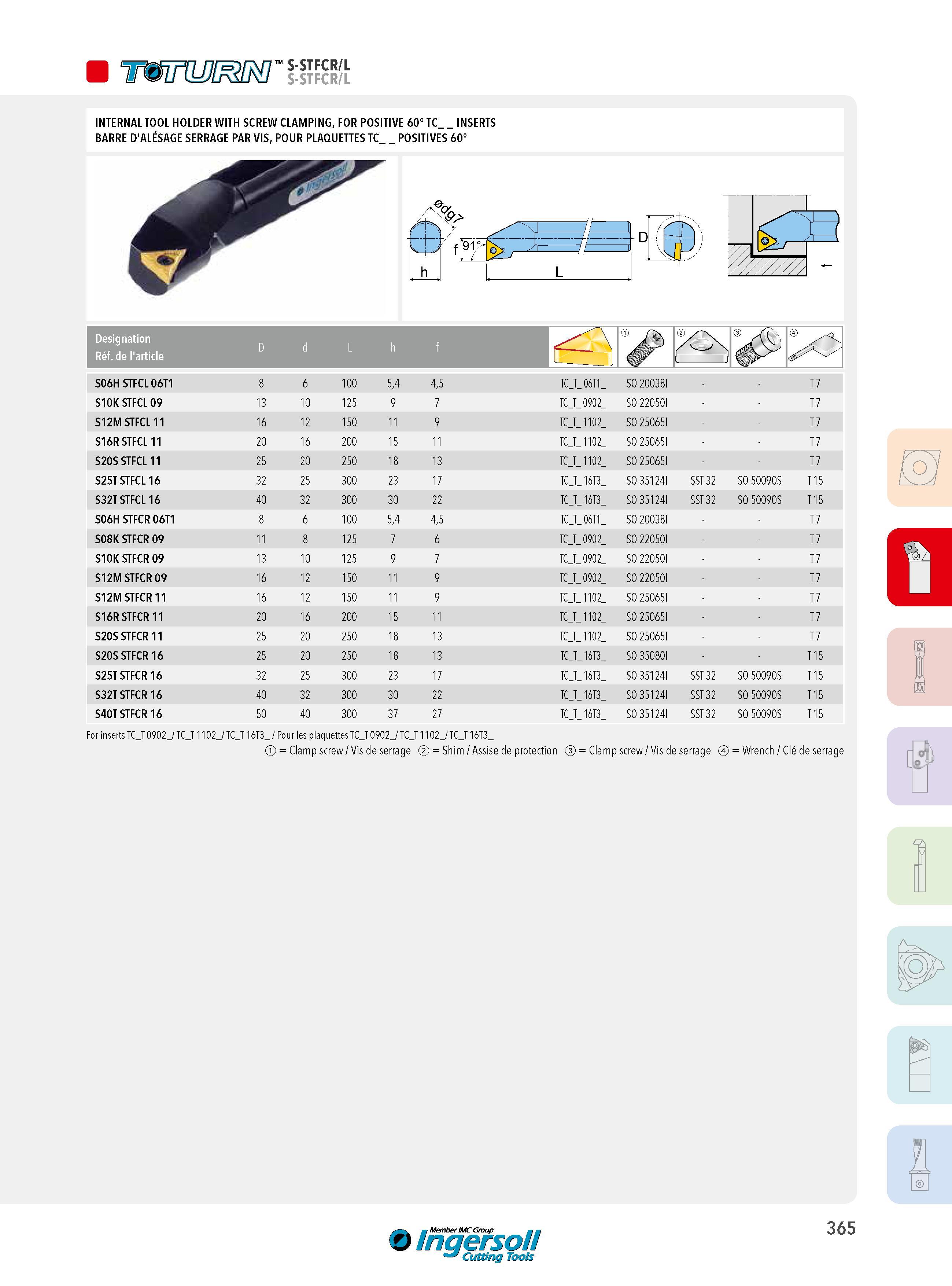 365 INTERNAL TOOL HOLDER WITH SCREW CLAMPING, FOR POSITIVE 60° TC _INSERTS BARRE D'ALÉSAGE SERRAGE PAR VIS, POUR PLAQUETTES TC_ POSITIVES 60° S06H STFCL 06T Каталог INGERSOLL 2015 Металлорежущий токарный инструмент Резцы Державки Сменные режущие многогранные пластины для точения на станках Стр. 365 ENG FRA