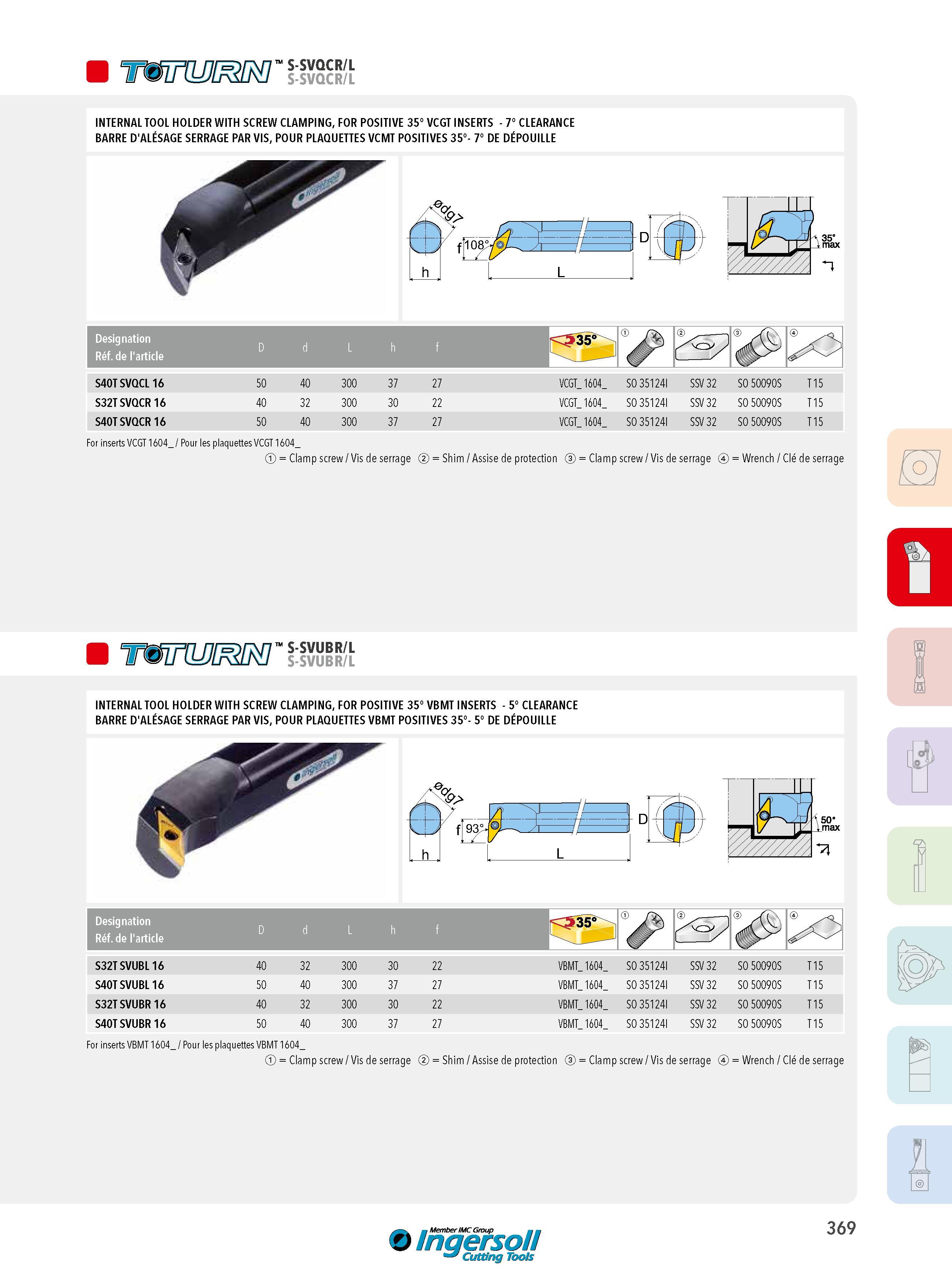 369 W S-SVQCR/L INTERNAL TOOL HOLDER WITH SCREW CLAMPING, FOR POSITIVE 35° VCGT INSERTS - 7° CLEARANCE BARRE D'ALÉSAGE SERRAGE PAR VIS, POUR PLAQUETTES VCMT Каталог INGERSOLL 2015 Металлорежущий токарный инструмент Резцы Державки Сменные режущие многогранные пластины для точения на станках Стр. 369 ENG FRA