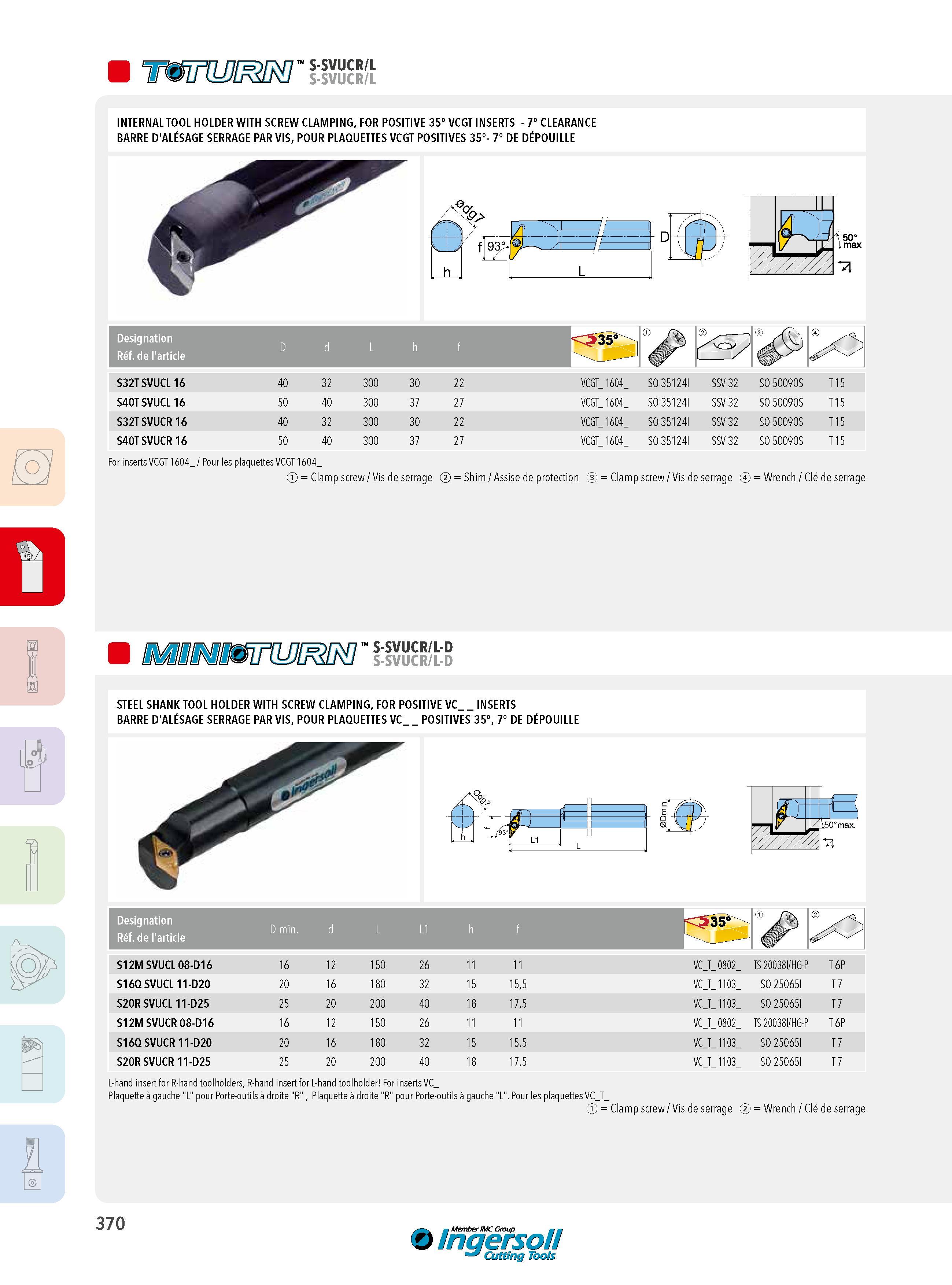370 S-SVUCR/L S-SVUCR/L INTERNAL TOOL HOLDER WITH SCREW CLAMPING, FOR POSITIVE 35° VCGT INSERTS - 7° CLEARANCE BARRE D'ALÉSAGE SERRAGE PAR VIS, POUR PLAQUET Каталог INGERSOLL 2015 Металлорежущий токарный инструмент Резцы Державки Сменные режущие многогранные пластины для точения на станках Стр. 370 ENG FRA