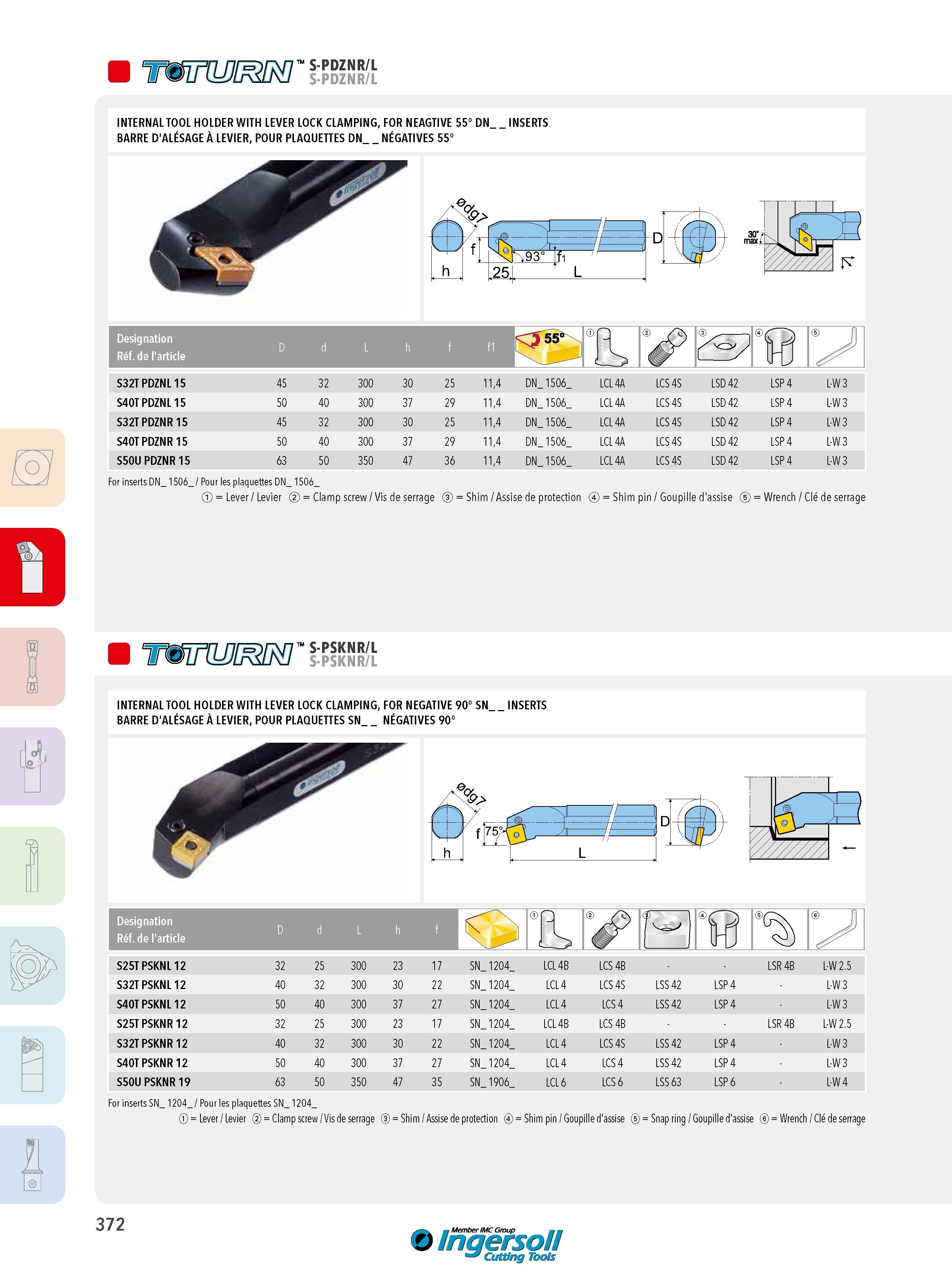 372 S-PDZNR/L S-PDZNR/L INTERNAL TOOL HOLDER WITH LEVER LOCK CLAMPING, FOR NEAGTIVE 55° DN_ BARRE D'ALÉSAGE À LEVIER, POUR PLAQUETTES DN NÉGATIVES 55° INSER Каталог INGERSOLL 2015 Металлорежущий токарный инструмент Резцы Державки Сменные режущие многогранные пластины для точения на станках Стр. 372 ENG FRA