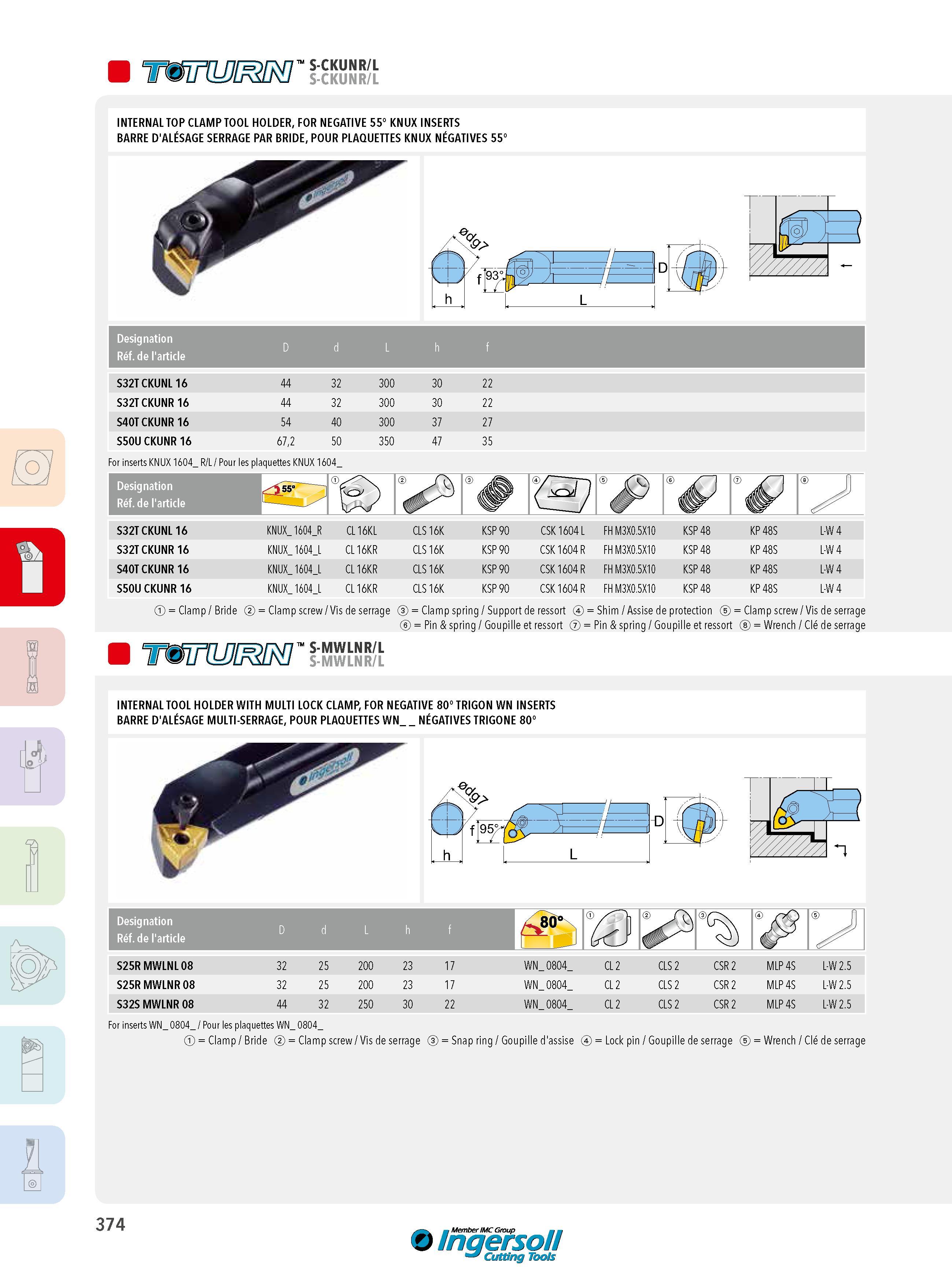 374 S-CKUNR/L S-CKUNR/L INTERNAL TOP CLAMP TOOL HOLDER, FOR NEGATIVE 55° KNUX INSERTS BARRE D'ALÉSAGE SERRAGE PAR BRIDE, POUR PLAQUETTES KNUX NÉGATIVES 55° Каталог INGERSOLL 2015 Металлорежущий токарный инструмент Резцы Державки Сменные режущие многогранные пластины для точения на станках Стр. 374 ENG FRA