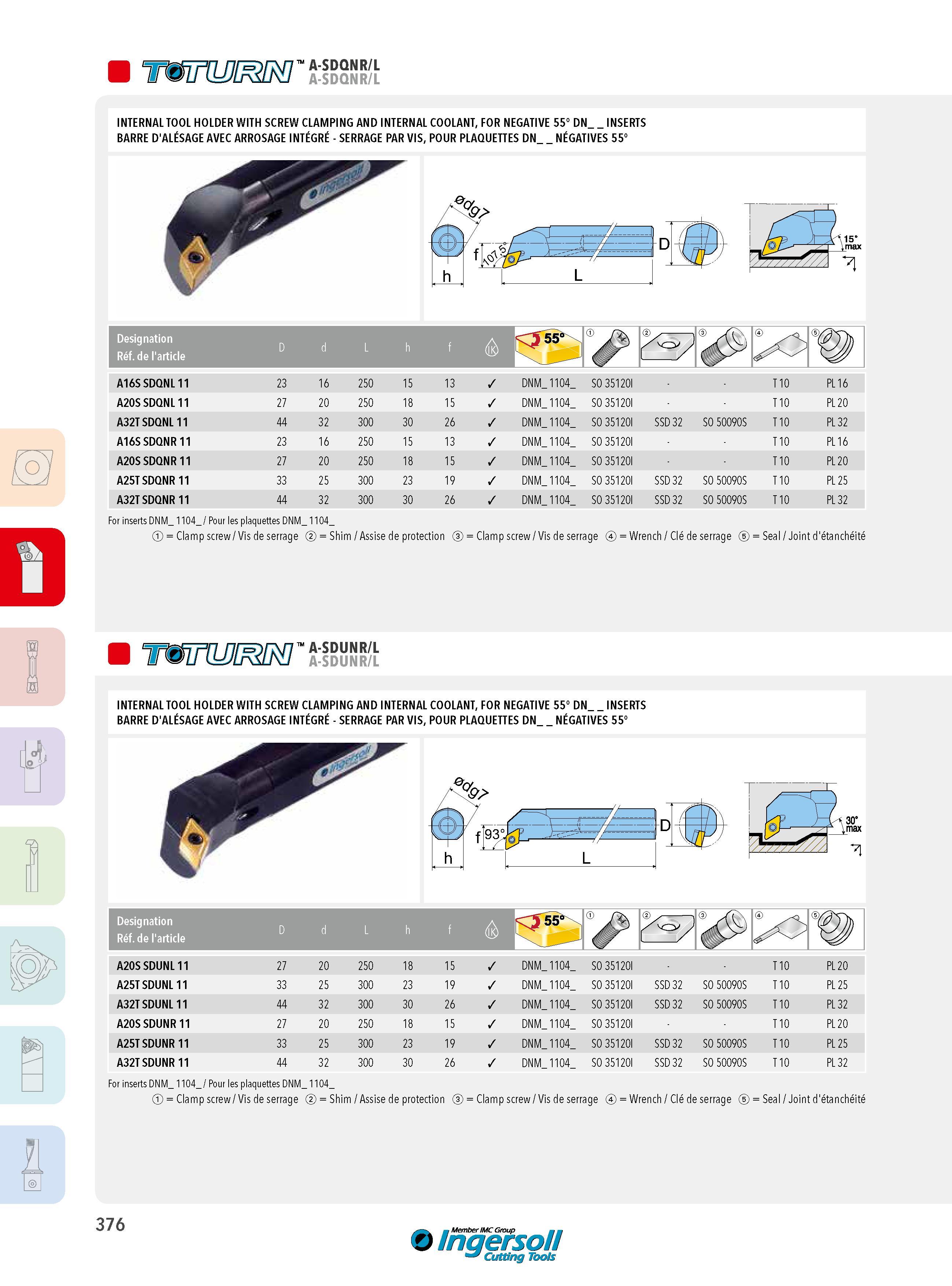 376 A-SDQNR/L A-SDQNR/L INTERNAL TOOL HOLDER WITH SCREW CLAMPING AND INTERNAL COOLANT, FOR NEGATIVE 55° DN_ INSERTS BARRE D'ALÉSAGE AVEC ARROSAGE INTÉGRÉ - Каталог INGERSOLL 2015 Металлорежущий токарный инструмент Резцы Державки Сменные режущие многогранные пластины для точения на станках Стр. 376 ENG FRA
