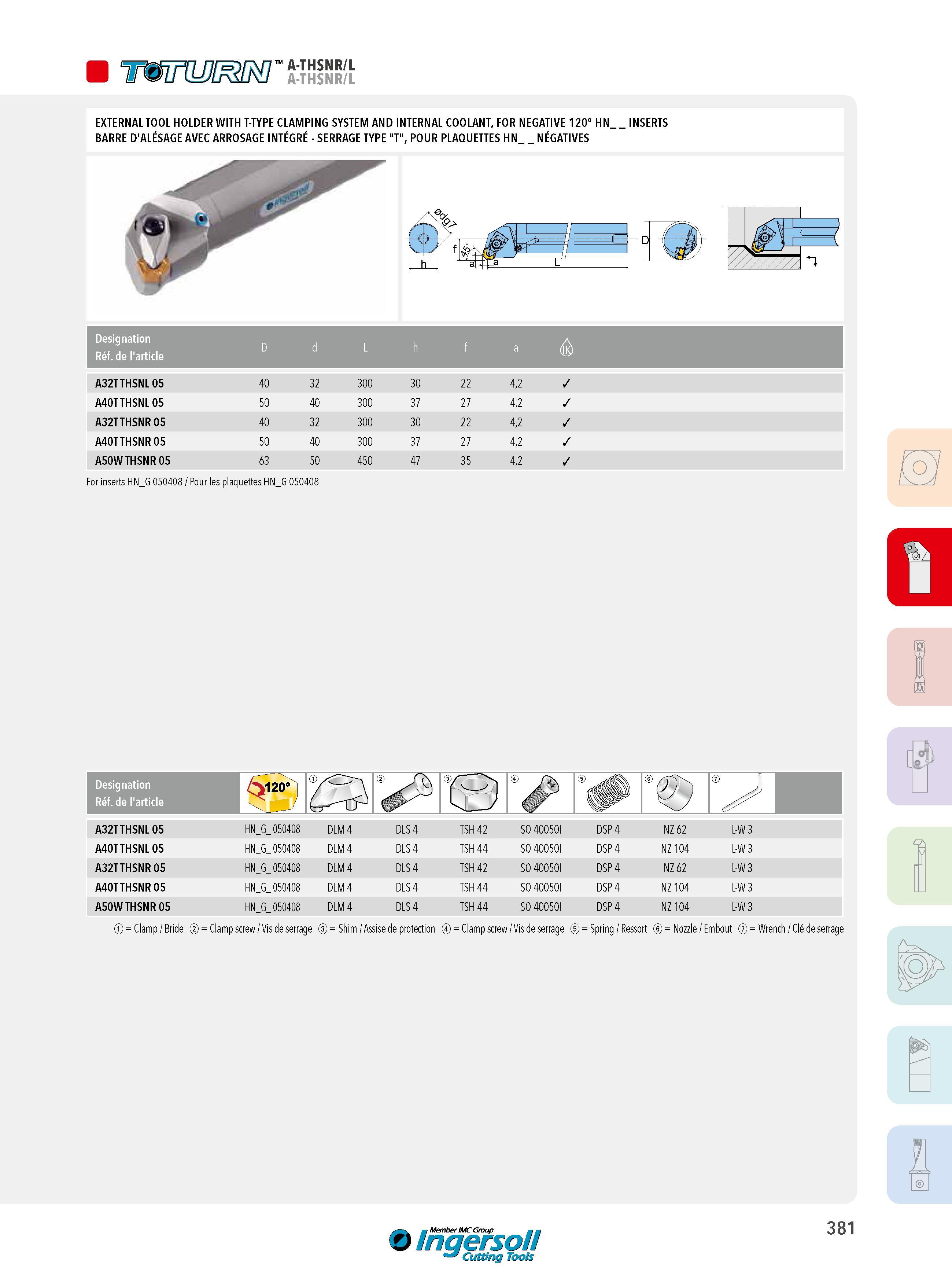 381 W A-THSNR/L EXTERNAL TOOL HOLDER WITH T-TYPE CLAMPING SYSTEM AND INTERNAL COOLANT, FOR NEGATIVE 120° HN_ BARRE D'ALÉSAGE AVEC ARROSAGE INTÉGRÉ - SERRAGE Каталог INGERSOLL 2015 Металлорежущий токарный инструмент Резцы Державки Сменные режущие многогранные пластины для точения на станках Стр. 381 ENG FRA