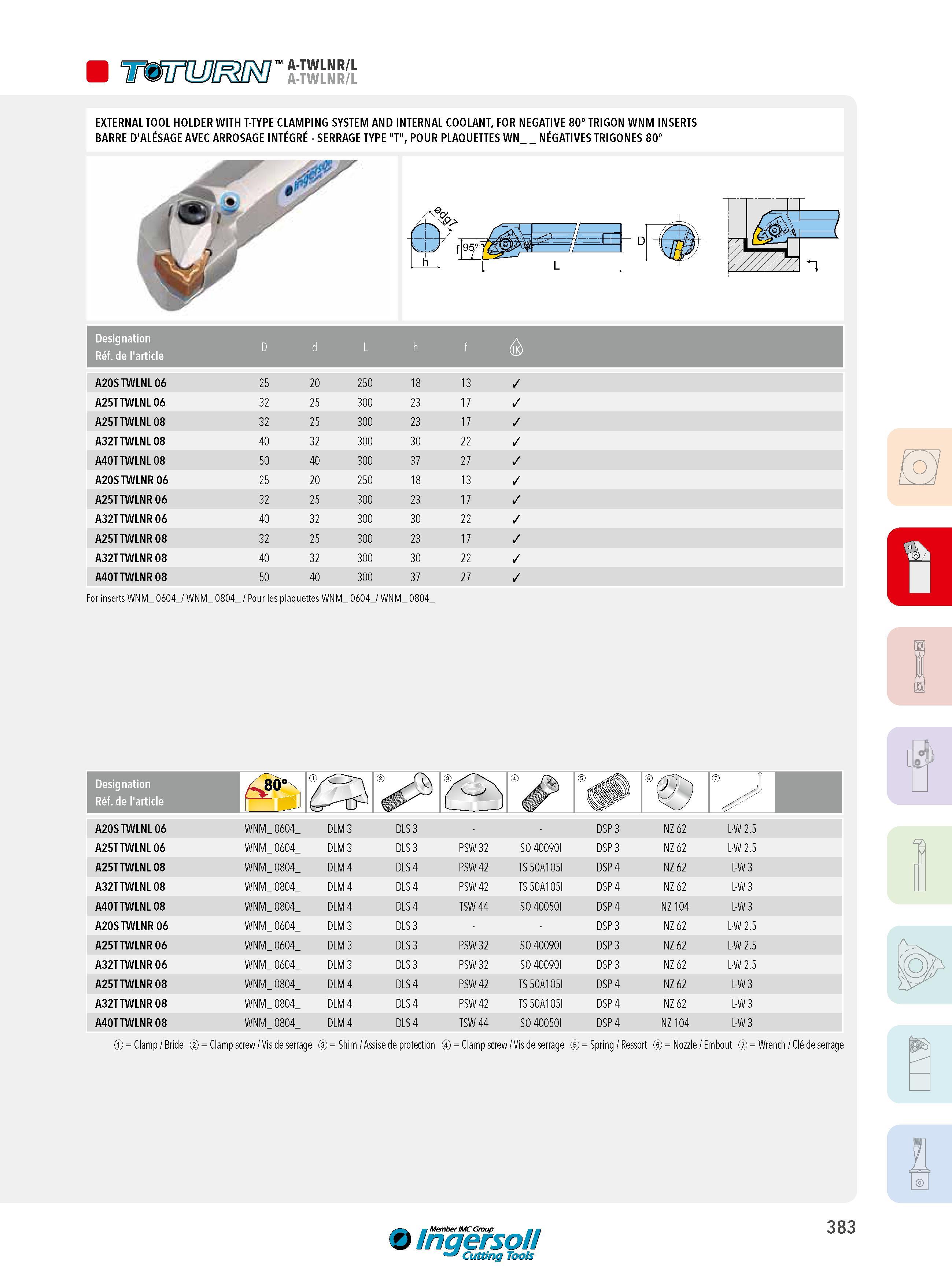 383 W A-TWLNR/L EXTERNAL TOOL HOLDER WITH T-TYPE CLAMPING SYSTEM AND INTERNAL COOLANT, FOR NEGATIVE 80° TRIGON WNM INSERTS BARRE D'ALÉSAGE AVEC ARROSAGE INT Каталог INGERSOLL 2015 Металлорежущий токарный инструмент Резцы Державки Сменные режущие многогранные пластины для точения на станках Стр. 383 ENG FRA