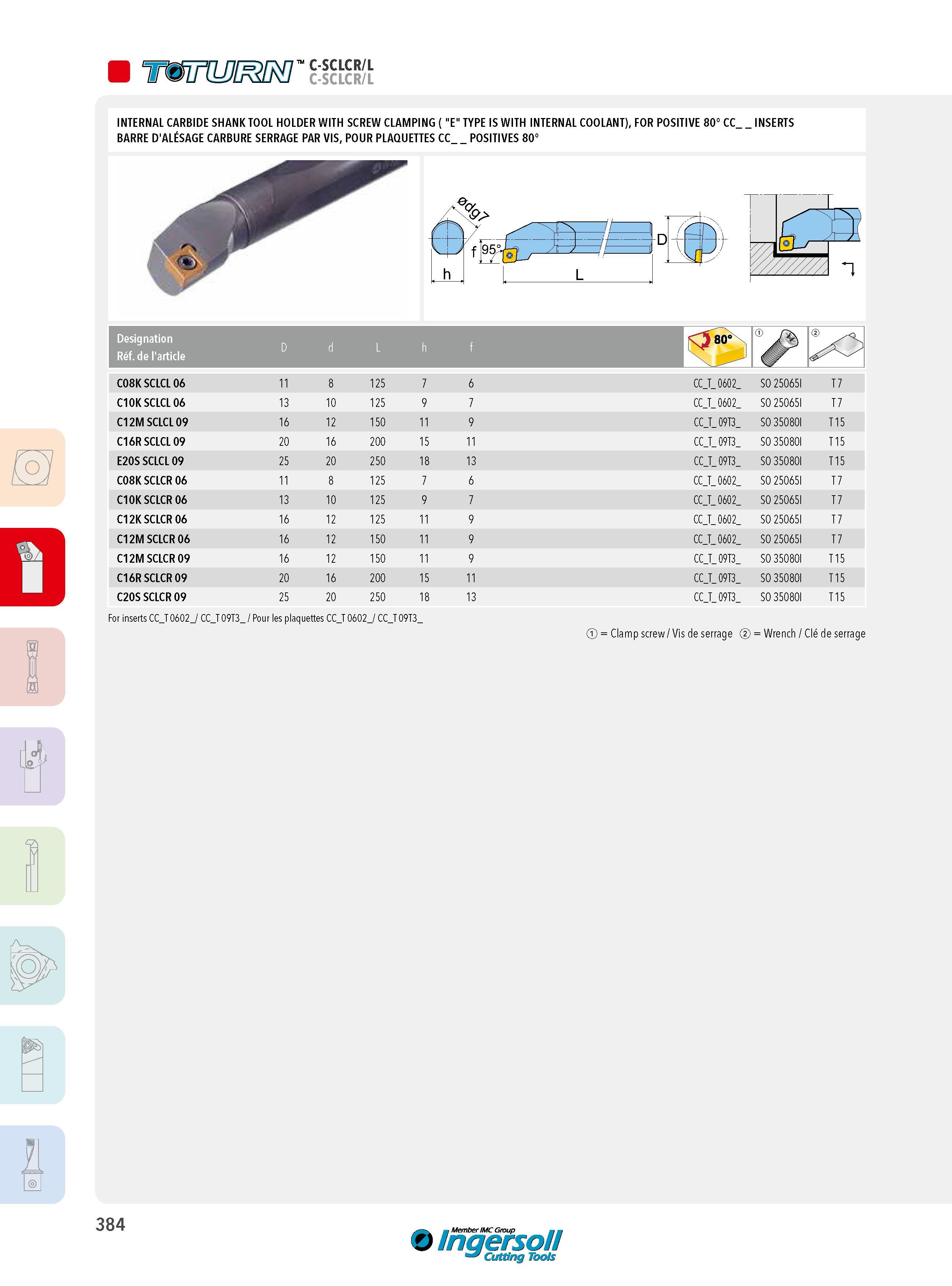 384 C-SCLCR/L C-SCLCR/L INTERNAL CARBIDE SHANK TOOL HOLDER WITH SCREW CLAMPING ( E TYPE IS WITH INTERNAL COOLANT), FOR POSITIVE 80° CC_ INSERTS BARRE D'ALÉS Каталог INGERSOLL 2015 Металлорежущий токарный инструмент Резцы Державки Сменные режущие многогранные пластины для точения на станках Стр. 384 ENG FRA