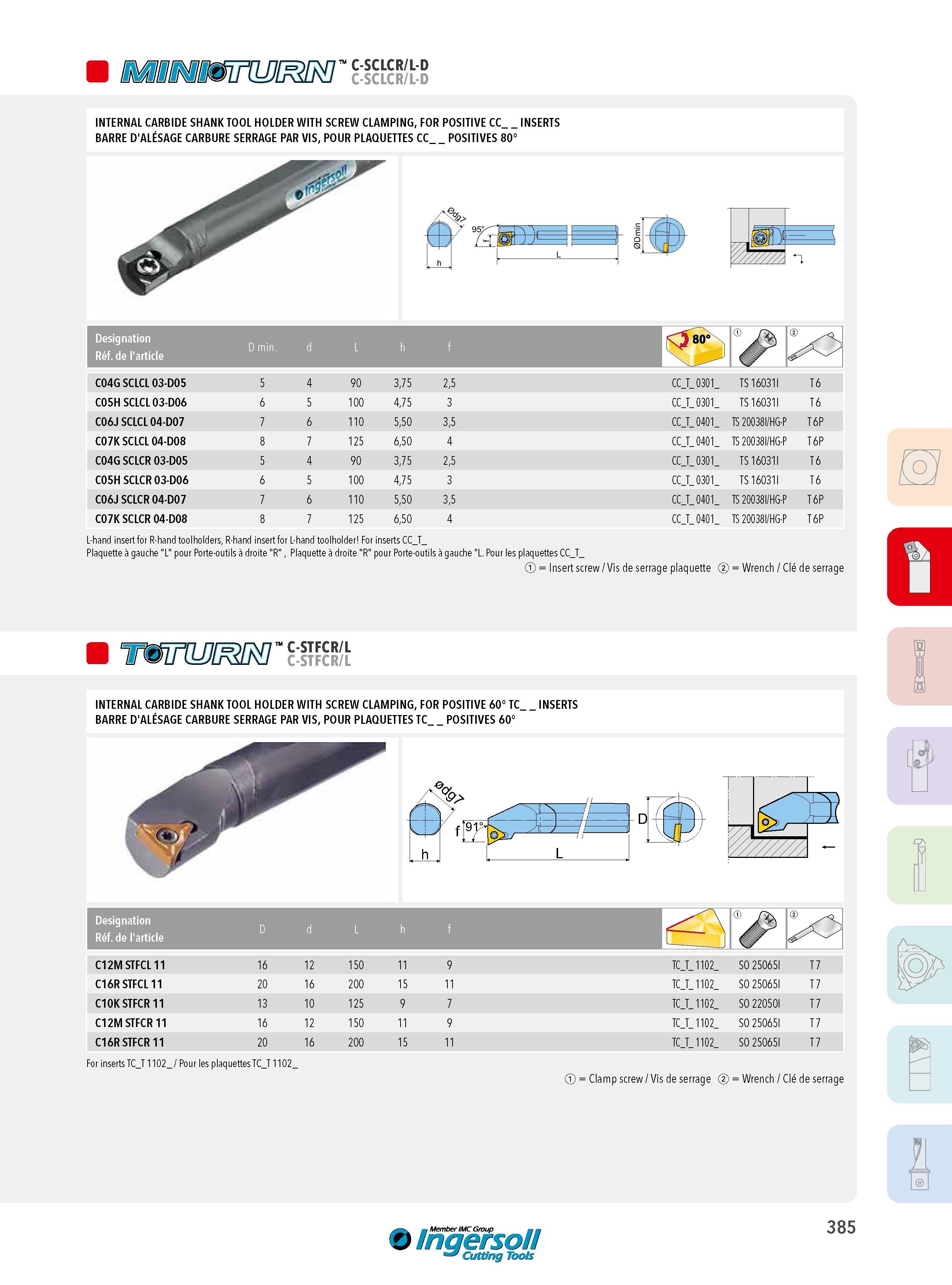 385 INTERNAL CARBIDE SHANK TOOL HOLDER WITH SCREW CLAMPING, FOR POSITIVE CC_ INSERTS BARRE D'ALÉSAGE CARBURE SERRAGE PAR VIS, POUR PLAQUETTES CC POSITIVES 8 Каталог INGERSOLL 2015 Металлорежущий токарный инструмент Резцы Державки Сменные режущие многогранные пластины для точения на станках Стр. 385 ENG FRA