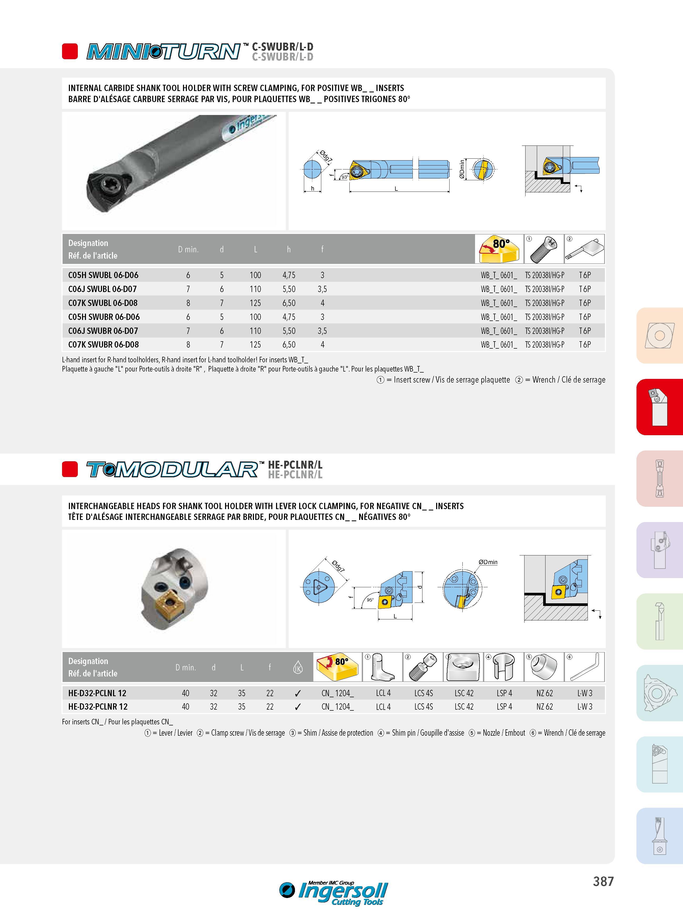 387 C-SWUBR/L-D C-SWUBR/L-D INTERNAL CARBIDE SHANK TOOL HOLDER WITH SCREW CLAMPING, FOR POSITIVE WB_ INSERTS BARRE D'ALÉSAGE CARBURE SERRAGE PAR VIS, POUR P Каталог INGERSOLL 2015 Металлорежущий токарный инструмент Резцы Державки Сменные режущие многогранные пластины для точения на станках Стр. 387 ENG FRA
