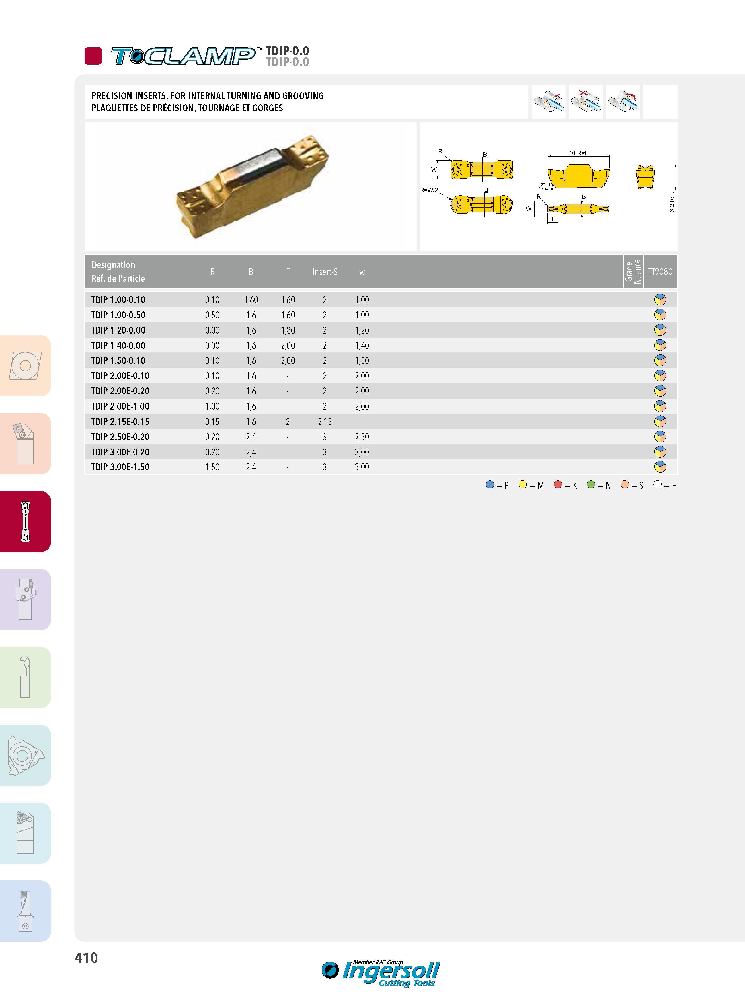 410 TDIP-0 0 TDIP-0 0 PRECISION INSERTS, FOR INTERNAL TURNING AND GROOVING PLAQUETTES DE PRÉCISION, TOURNAGE ET GORGES (°7 Designation Réf de l'article R B Каталог INGERSOLL 2015 Металлорежущий токарный инструмент Резцы Державки Сменные режущие многогранные пластины для точения на станках Стр. 410 ENG FRA