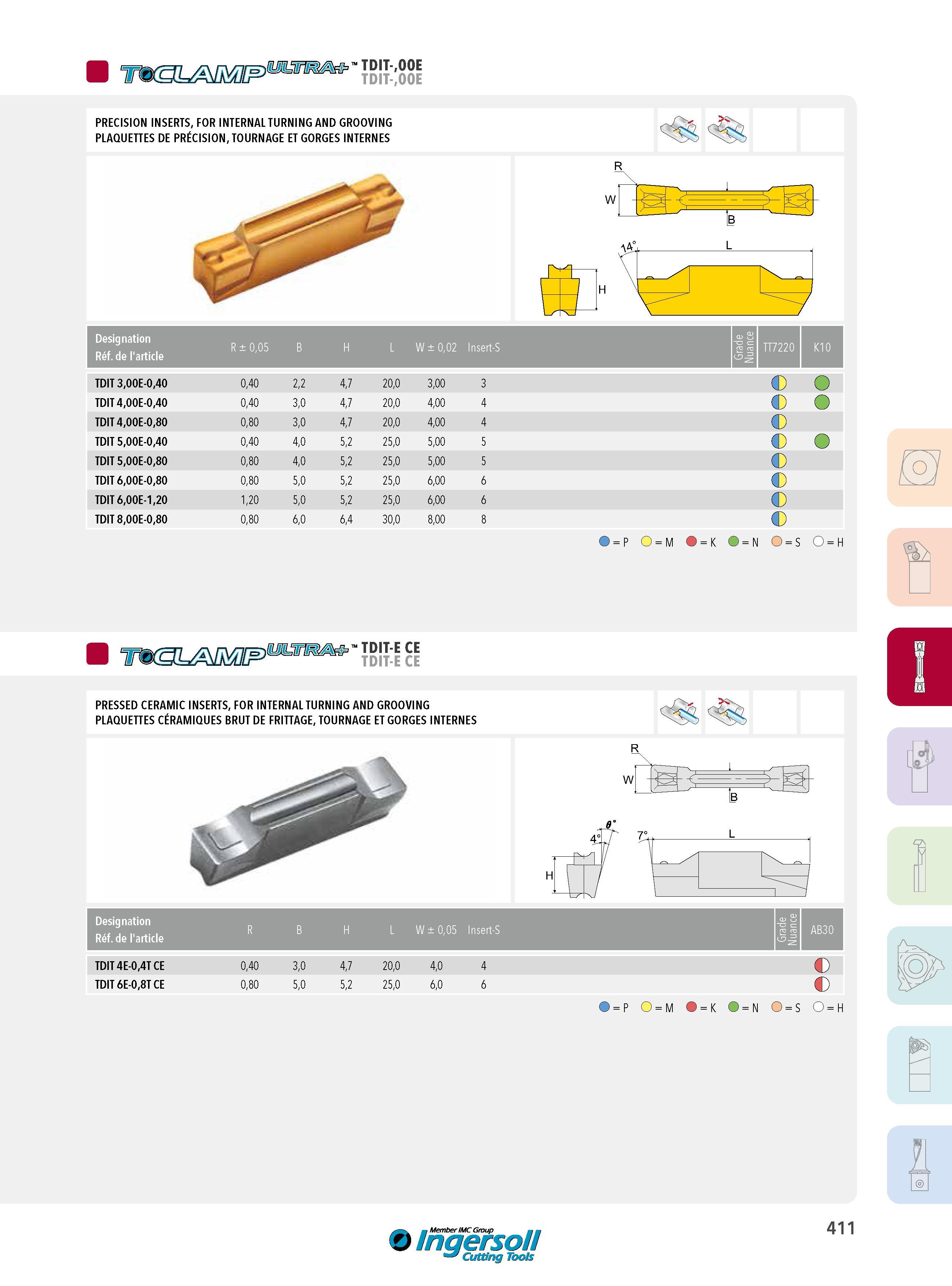 411 TDIT-,00E TDIT-,00E PRECISION INSERTS, FOR INTERNAL TURNING AND GROOVING PLAQUETTES DE PRÉCISION, TOURNAGE ET GORGES INTERNES W Designation Réf de l'art Каталог INGERSOLL 2015 Металлорежущий токарный инструмент Резцы Державки Сменные режущие многогранные пластины для точения на станках Стр. 411 ENG FRA