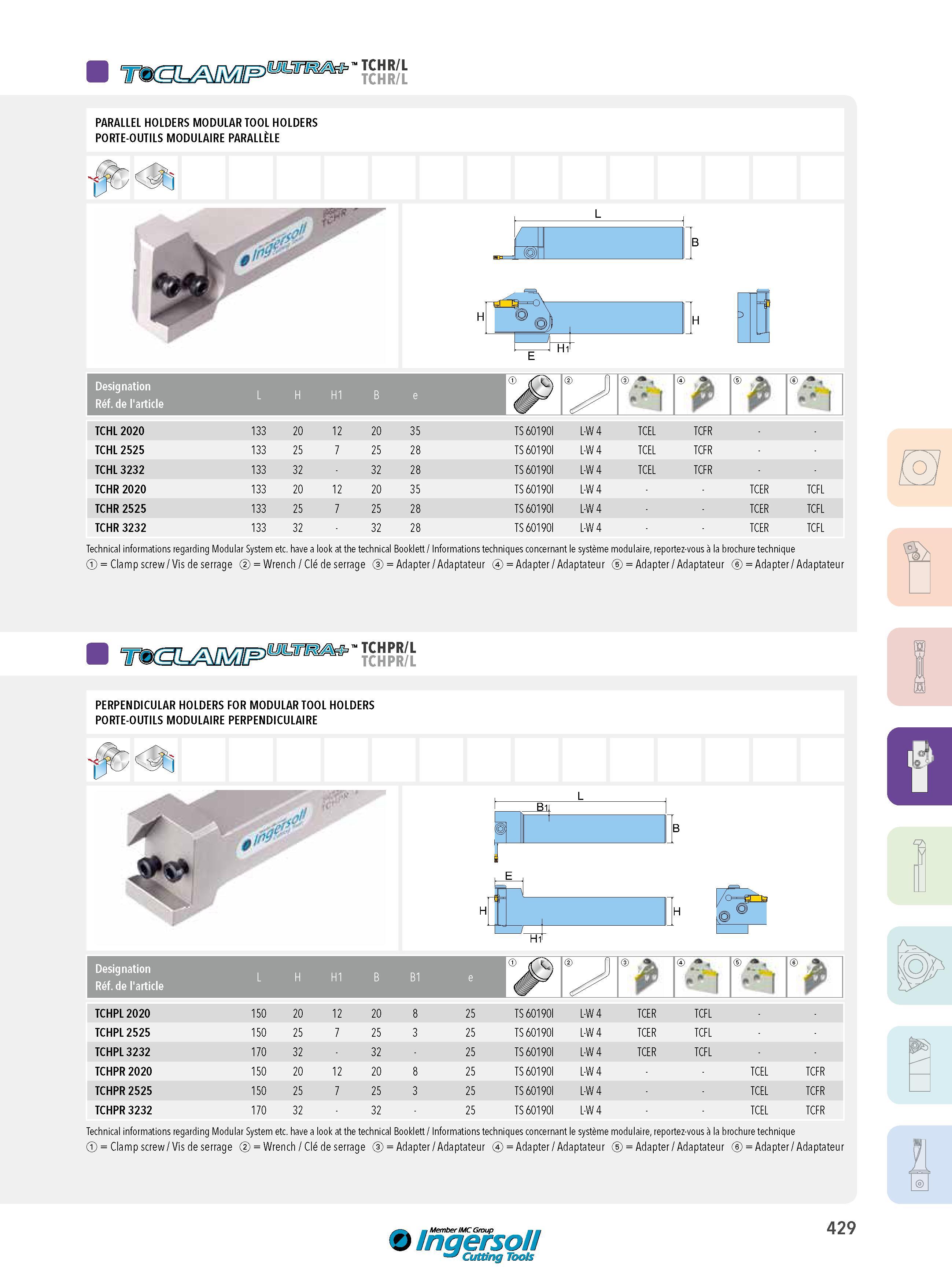 429 TCHR/L TCHR/L PARALLEL HOLDERS MODULAR TOOL HOLDERS PORTE-OUTILS MODULAIRE PARALLÈLE TCHL2020 TCHL2525 TCHL 3232 TCHR 2020 TCHR 2525 TCHR 3232 rng=ov o Каталог INGERSOLL 2015 Металлорежущий токарный инструмент Резцы Державки Сменные режущие многогранные пластины для точения на станках Стр. 429 ENG FRA
