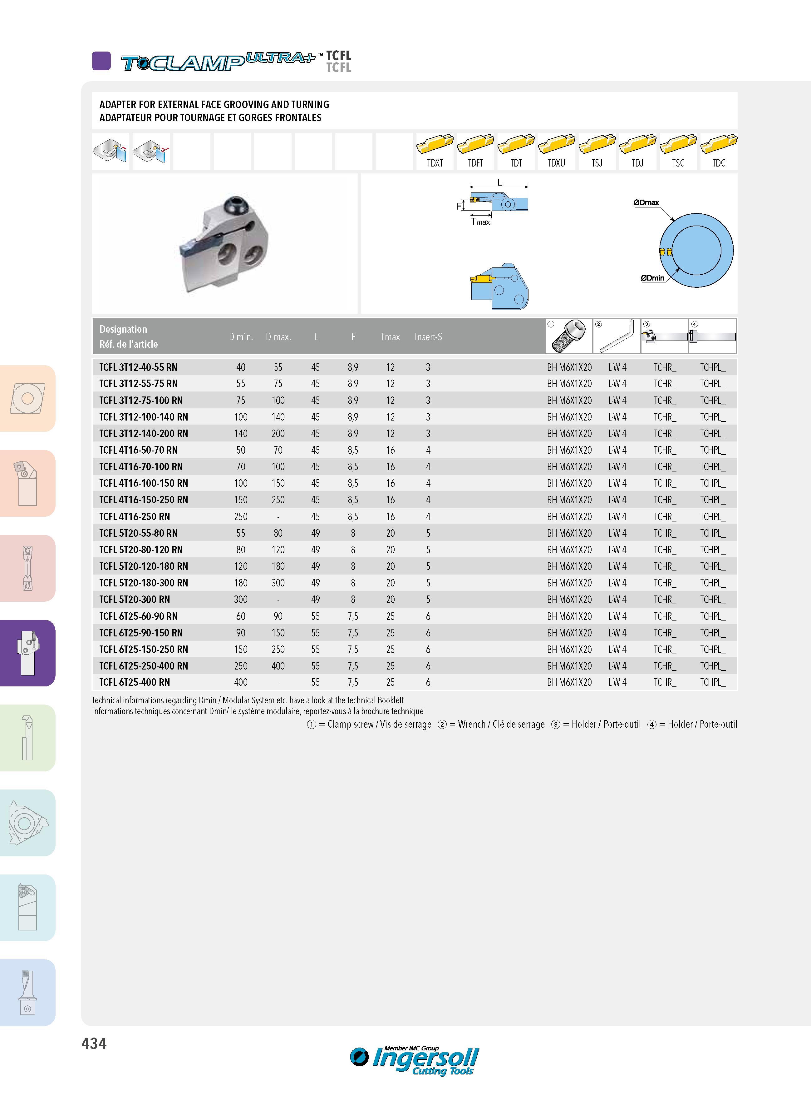 434 TCFL TCFL ADAPTER FOR EXTERNAL FACE GROOVING AND TURNING ADAPTATEUR POUR TOURNAGE ET GORGES FRONTALES TDXT TDFT TDT TDXU TSJ TDJ TSC TDC L FTpT(o)l T ma Каталог INGERSOLL 2015 Металлорежущий токарный инструмент Резцы Державки Сменные режущие многогранные пластины для точения на станках Стр. 434 ENG FRA